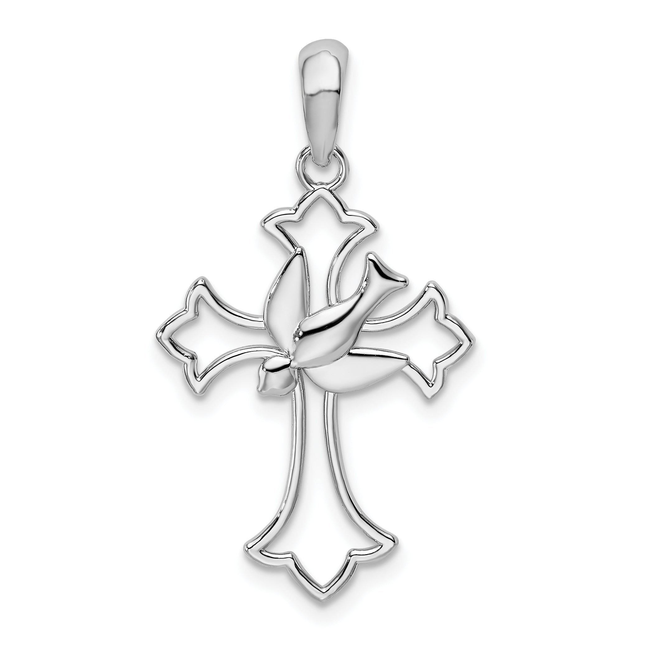 De-Ani Sterling Silver Rhodium-Plated Cut-Out Fleur de Lis Cross with Dove Pendant Main image