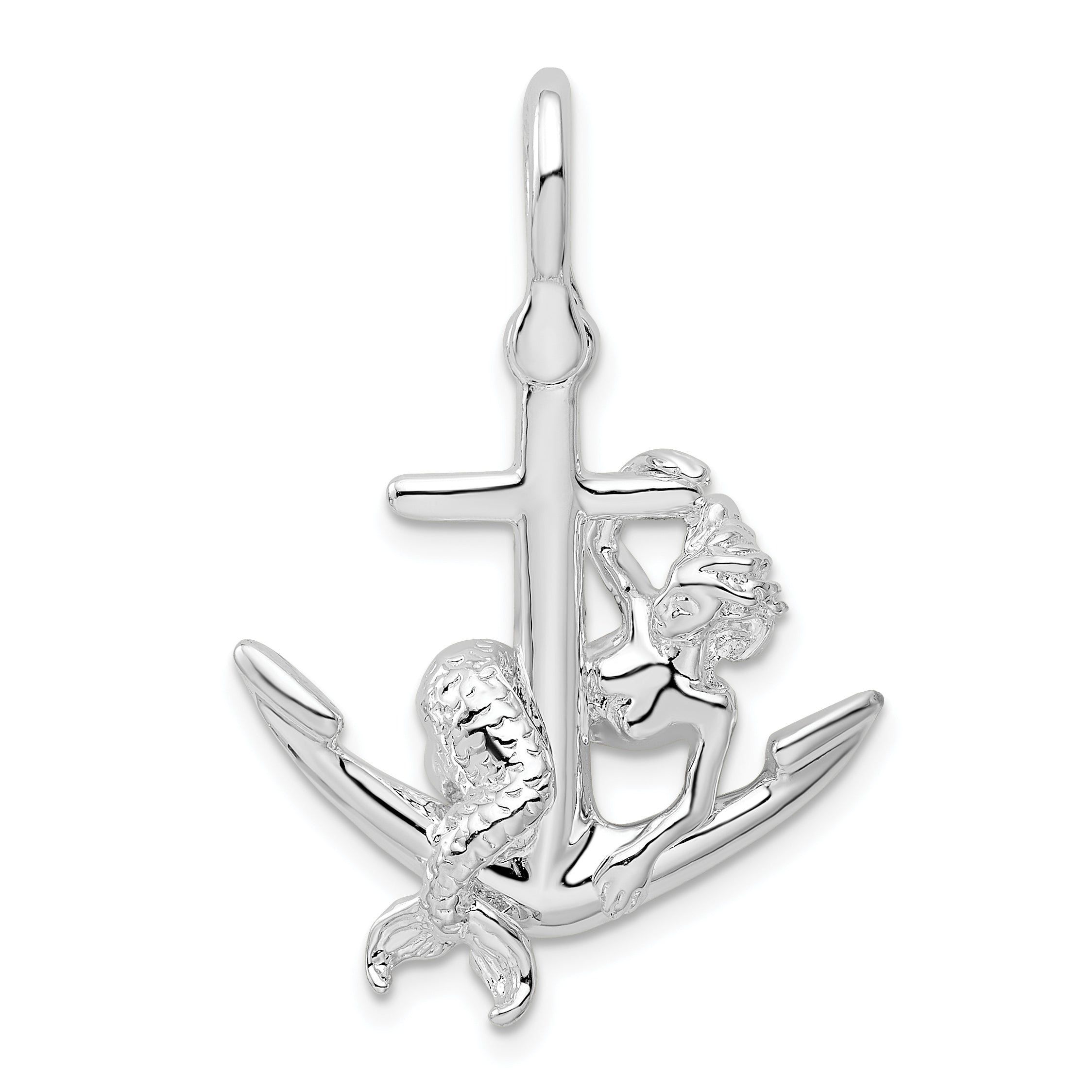 De-Ani Sterling Silver Rhodium-Plated Polished 3D Anchor with Mermaid Pendant Main image