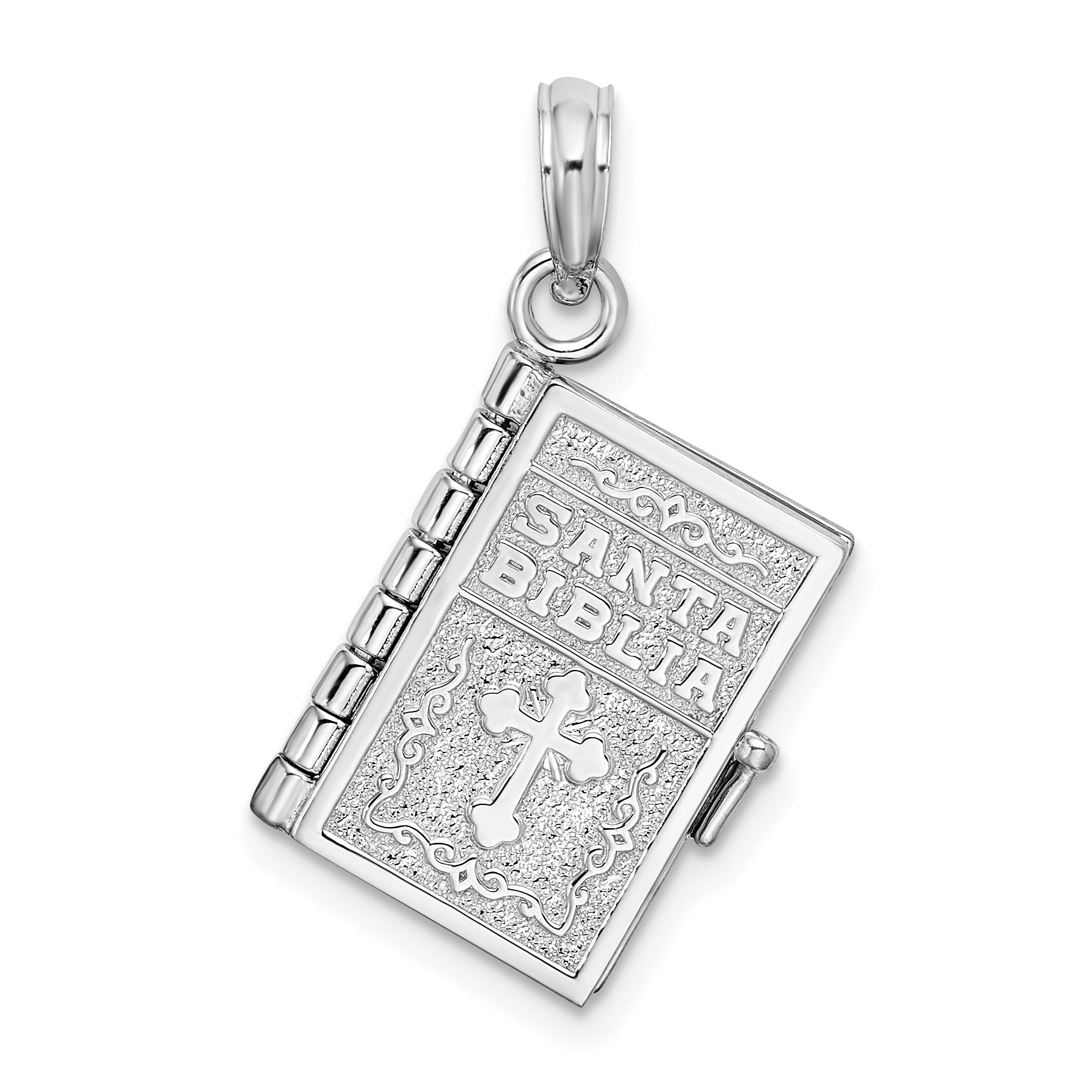 De-Ani Sterling Silver Rhodium-Plated Moveable 3D Spanish Santa Biblia Pendant Main image