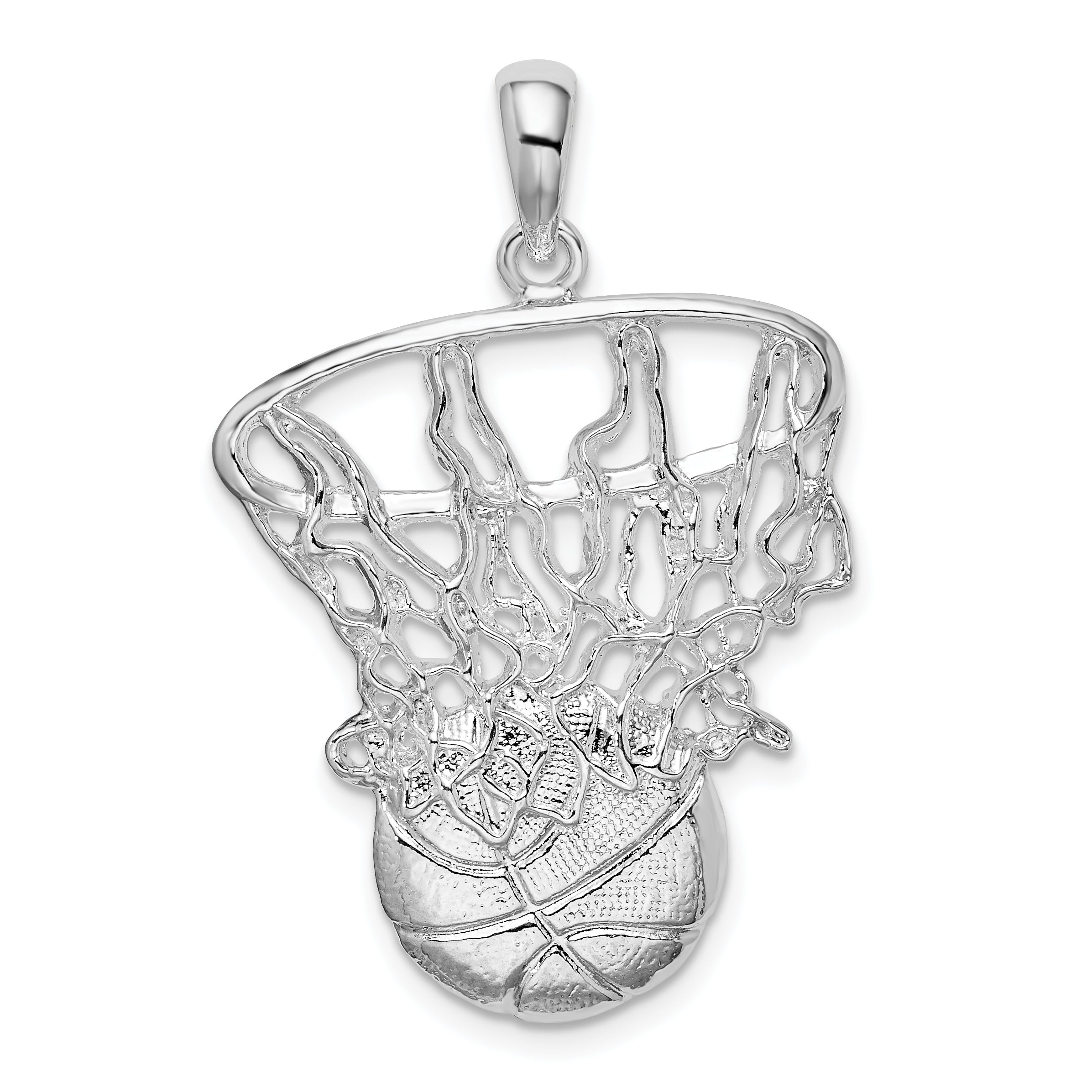 De-Ani Sterling Silver Rhodium-Plated Polished Basketball in Net Pendant Main image