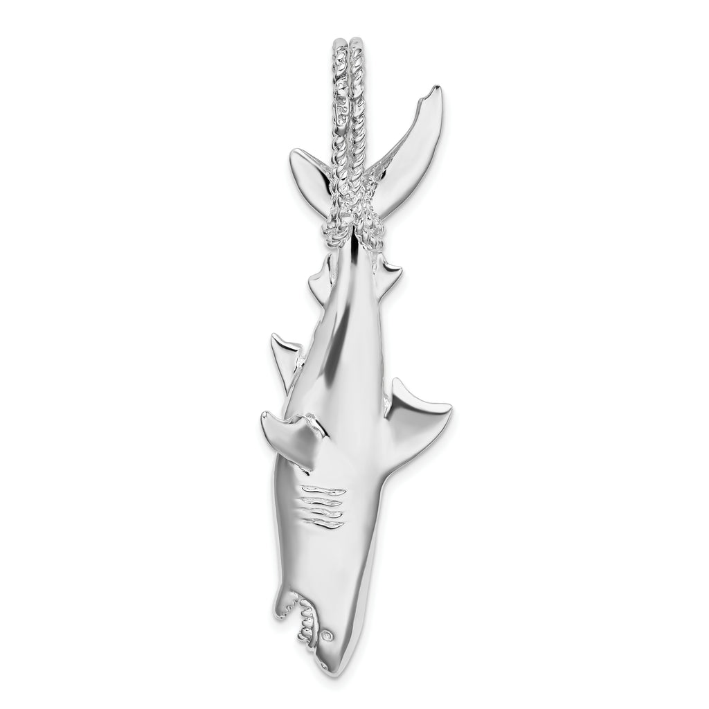 De-Ani Sterling Silver Rhodium-plated Polished 3D Shark Hanging from Rope Pendant