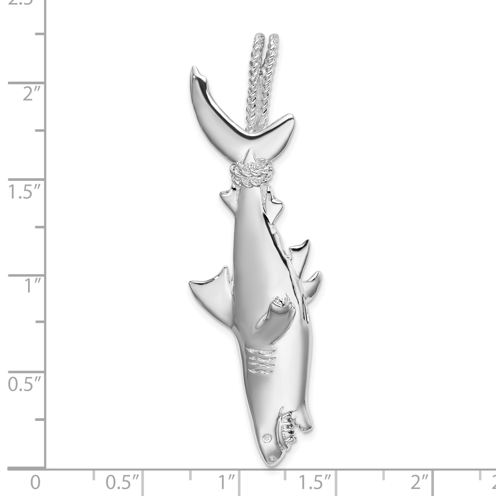 De-Ani Sterling Silver Rhodium-plated Polished 3D Shark Hanging from Rope Pendant