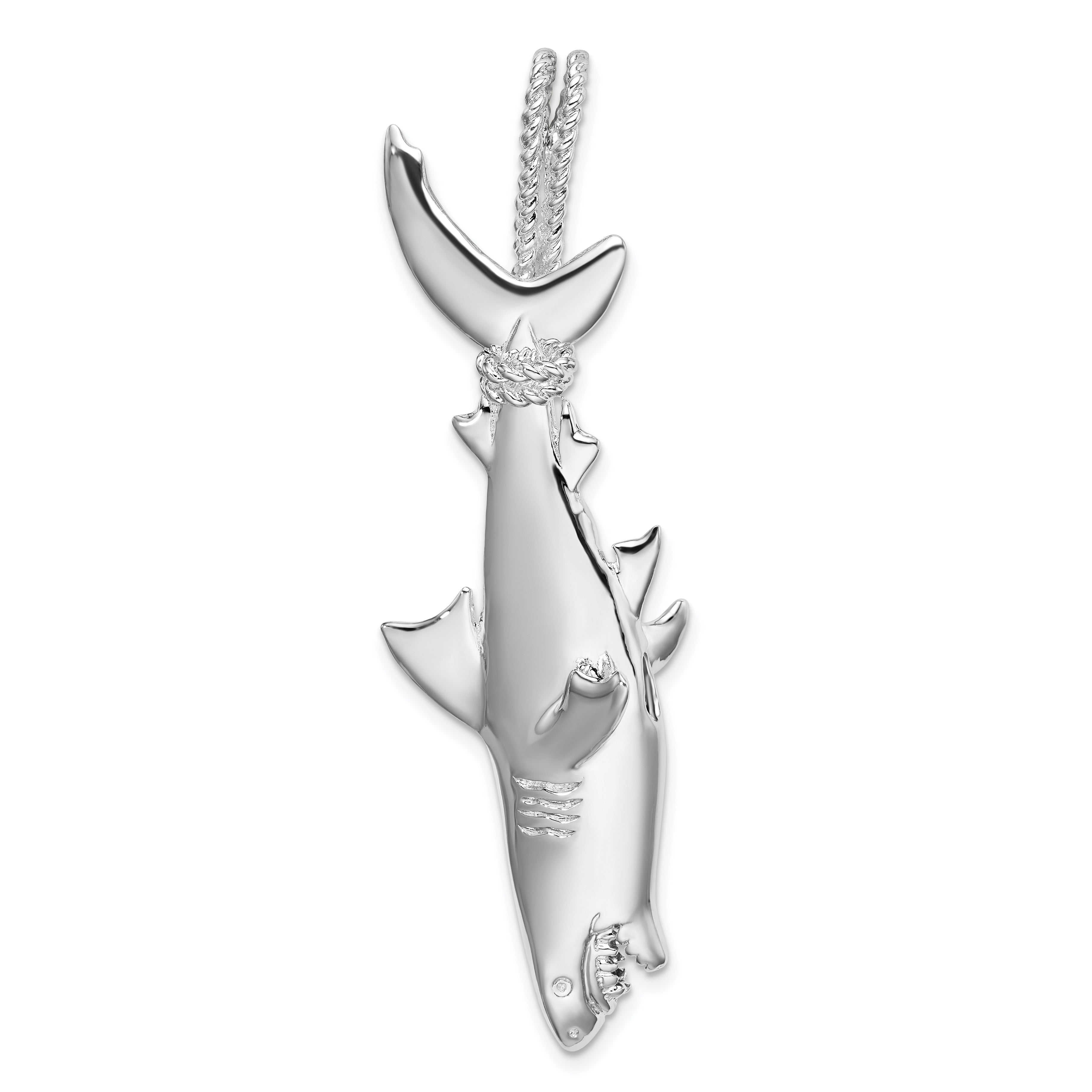 De-Ani Sterling Silver Rhodium-plated Polished 3D Shark Hanging from Rope Pendant Main image