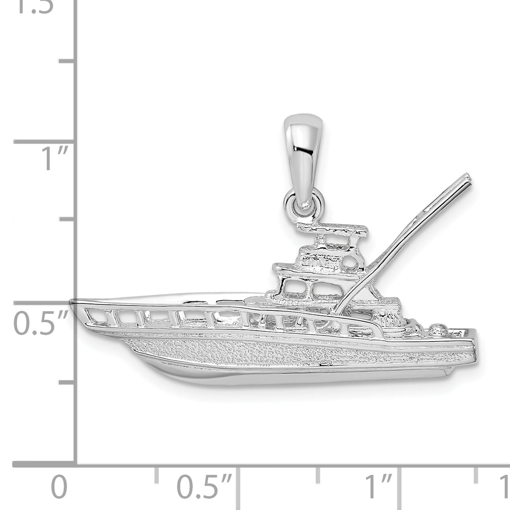 De-Ani Sterling Silver Rhodium-Plated Polished 3D Sportfishing Boat Pendant