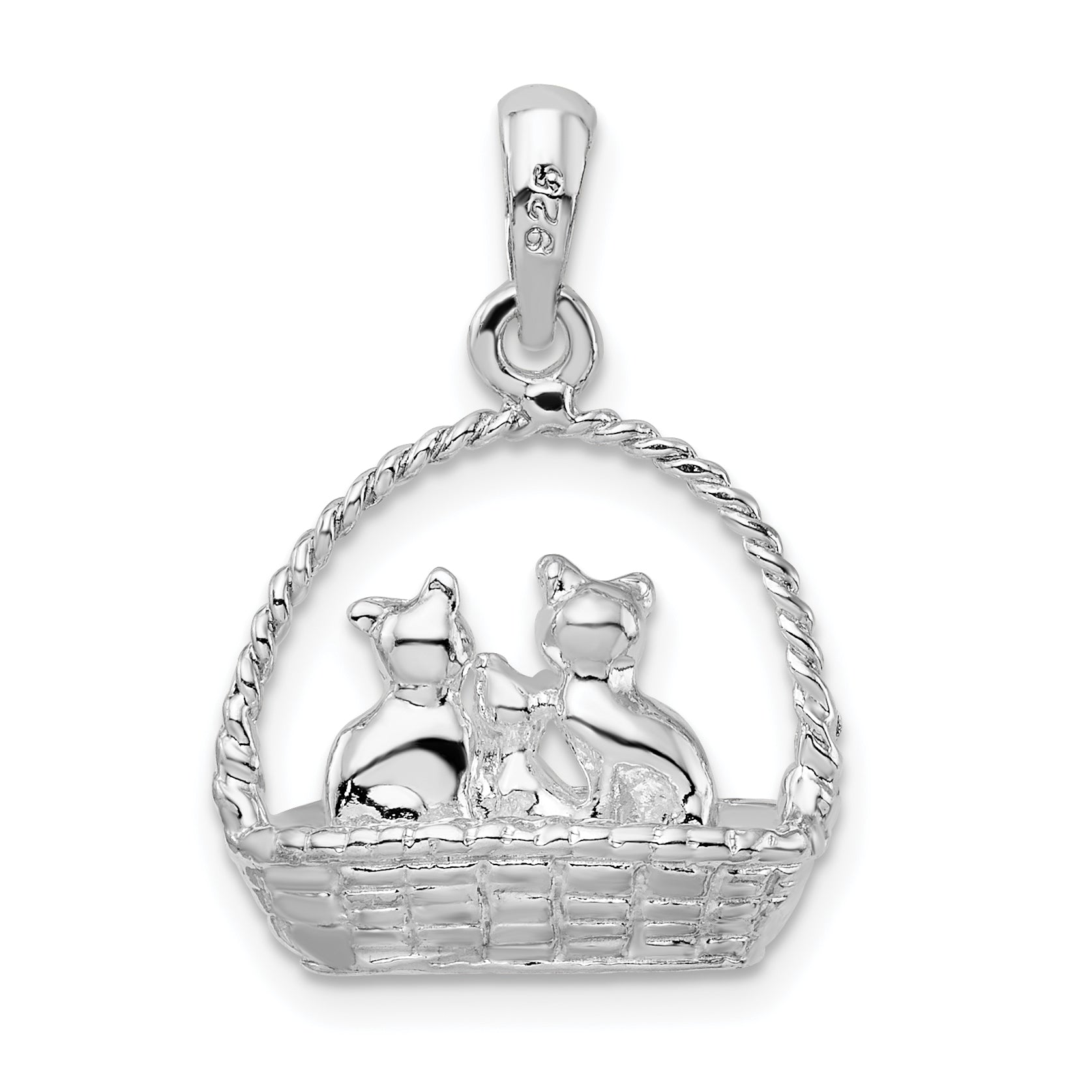 De-Ani Sterling Silver Rhodium-plated Polished 3D Kittens in Basket Pendant