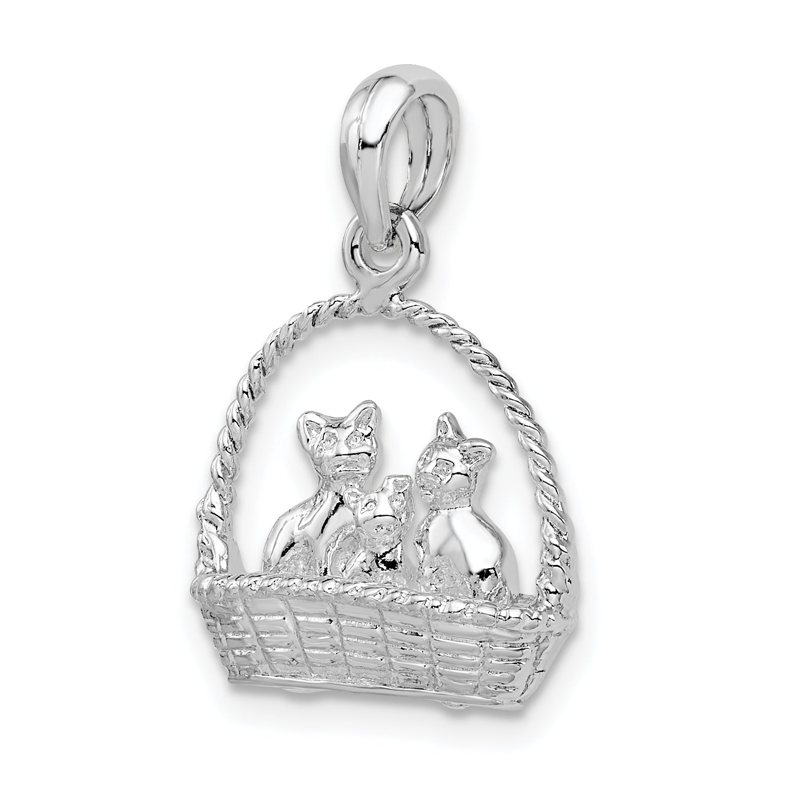 De-Ani Sterling Silver Rhodium-plated Polished 3D Kittens in Basket Pendant