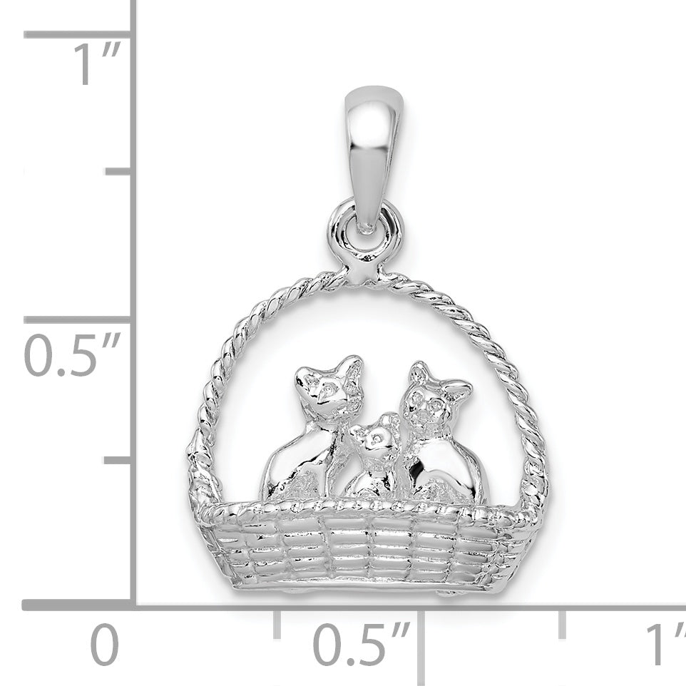 De-Ani Sterling Silver Rhodium-plated Polished 3D Kittens in Basket Pendant