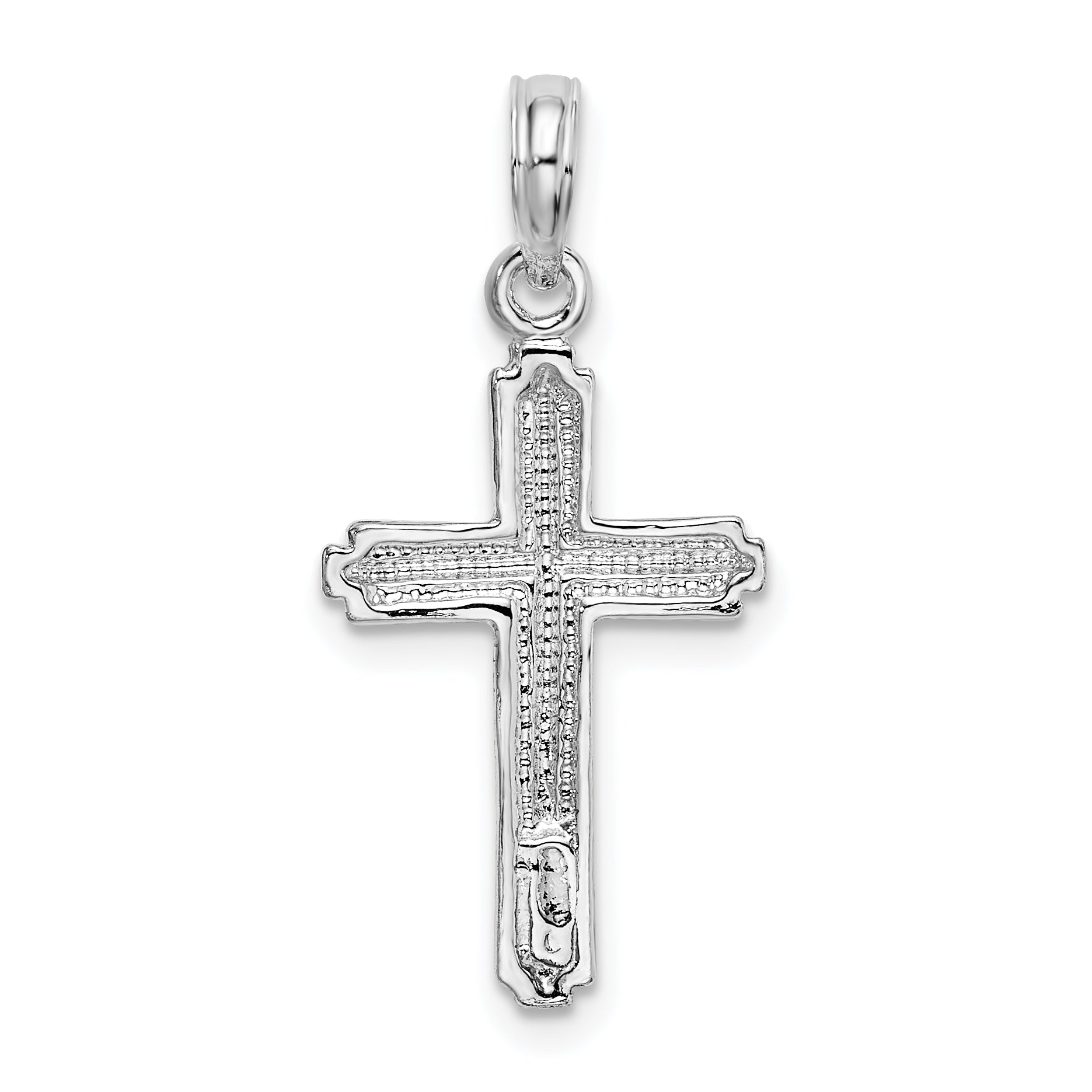 De-Ani Sterling Silver Rhodium-Plated Polished Striped Border Latin Cross Pendant