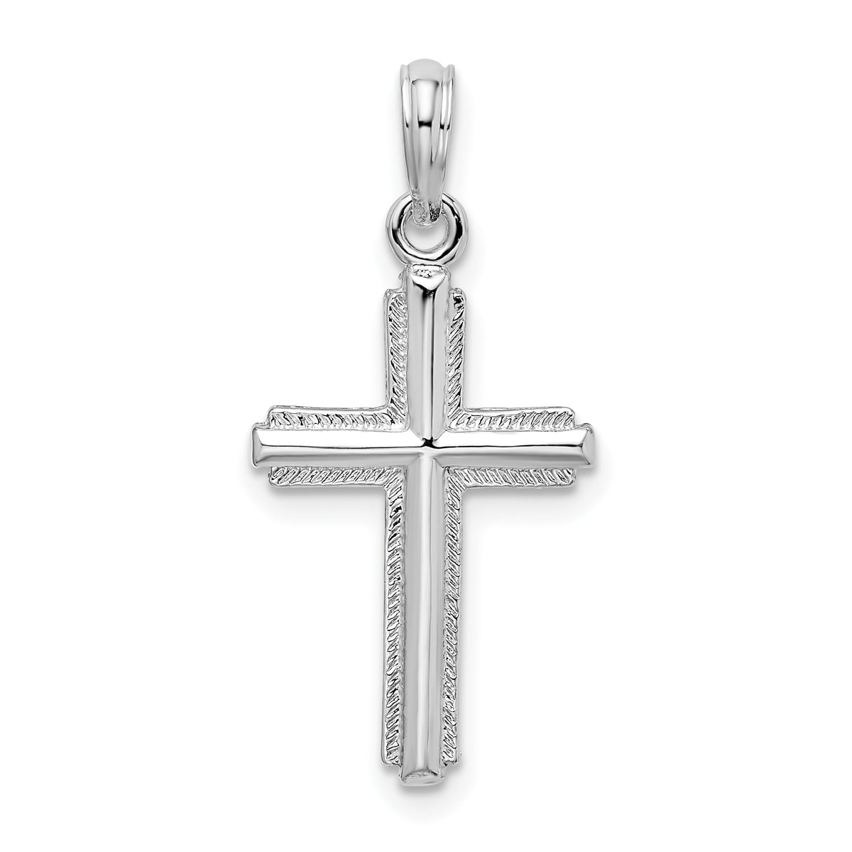De-Ani Sterling Silver Rhodium-Plated Polished Striped Border Latin Cross Pendant