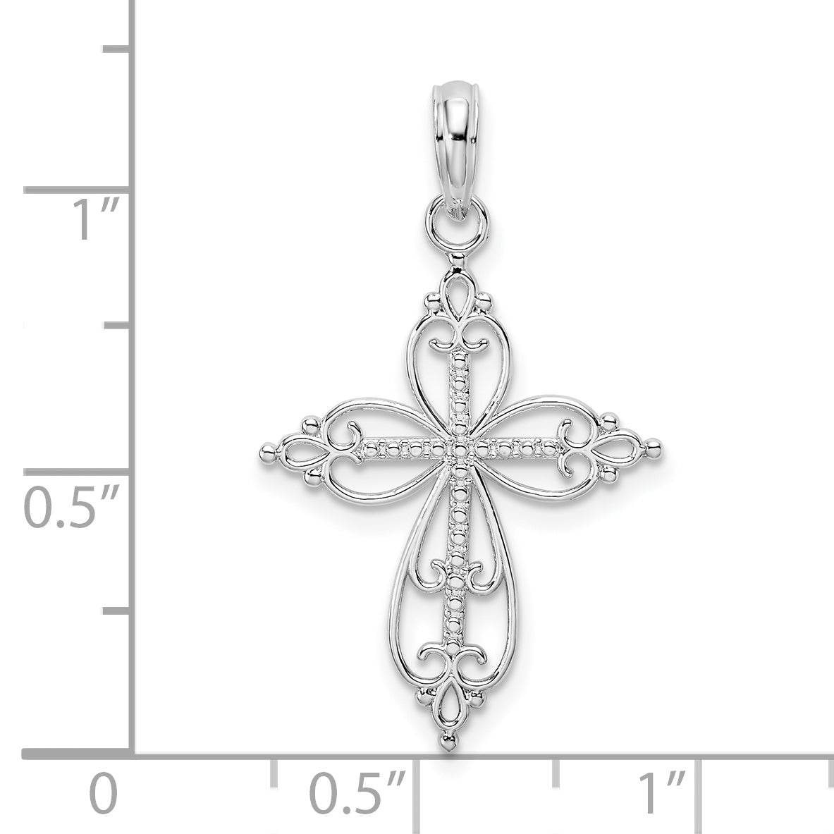 De-Ani Sterling Silver Rhodium-plated Polished Fancy Filigree with Beaded Center Cross Pendant