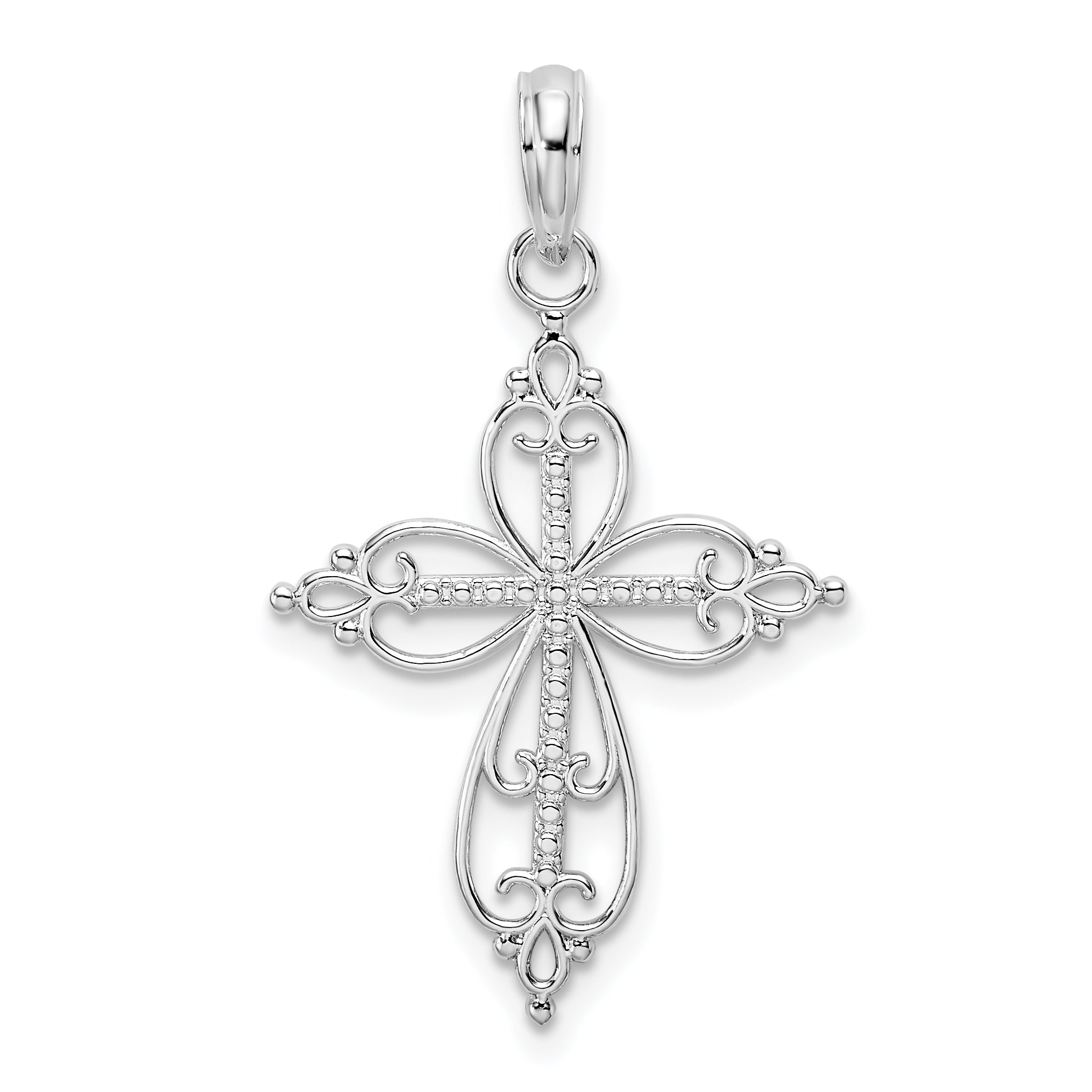 De-Ani Sterling Silver Rhodium-plated Polished Fancy Filigree with Beaded Center Cross Pendant Main image
