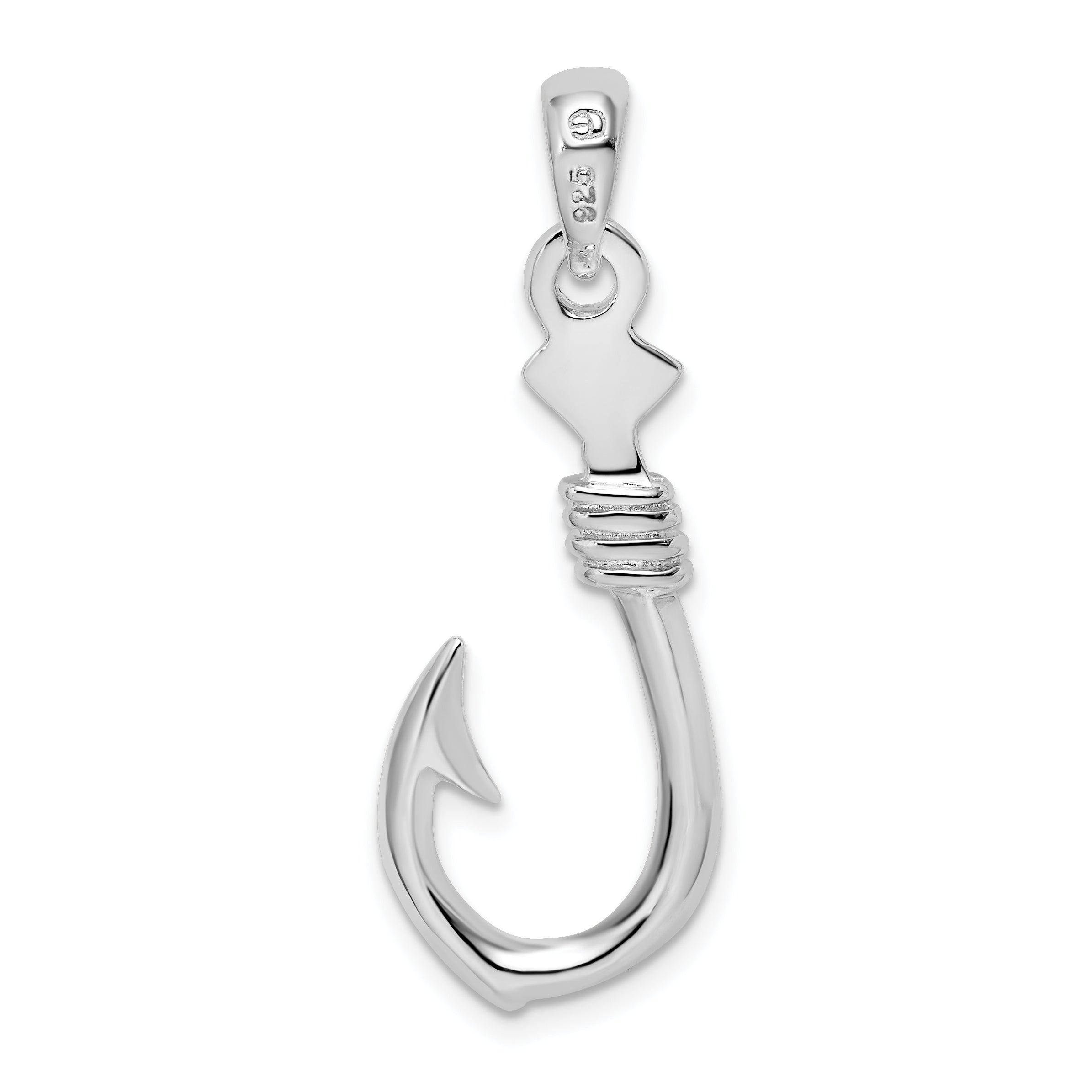 De-Ani Sterling Silver Rhodium-plated Polished 3D Large Fish Hook with Rope Pendant