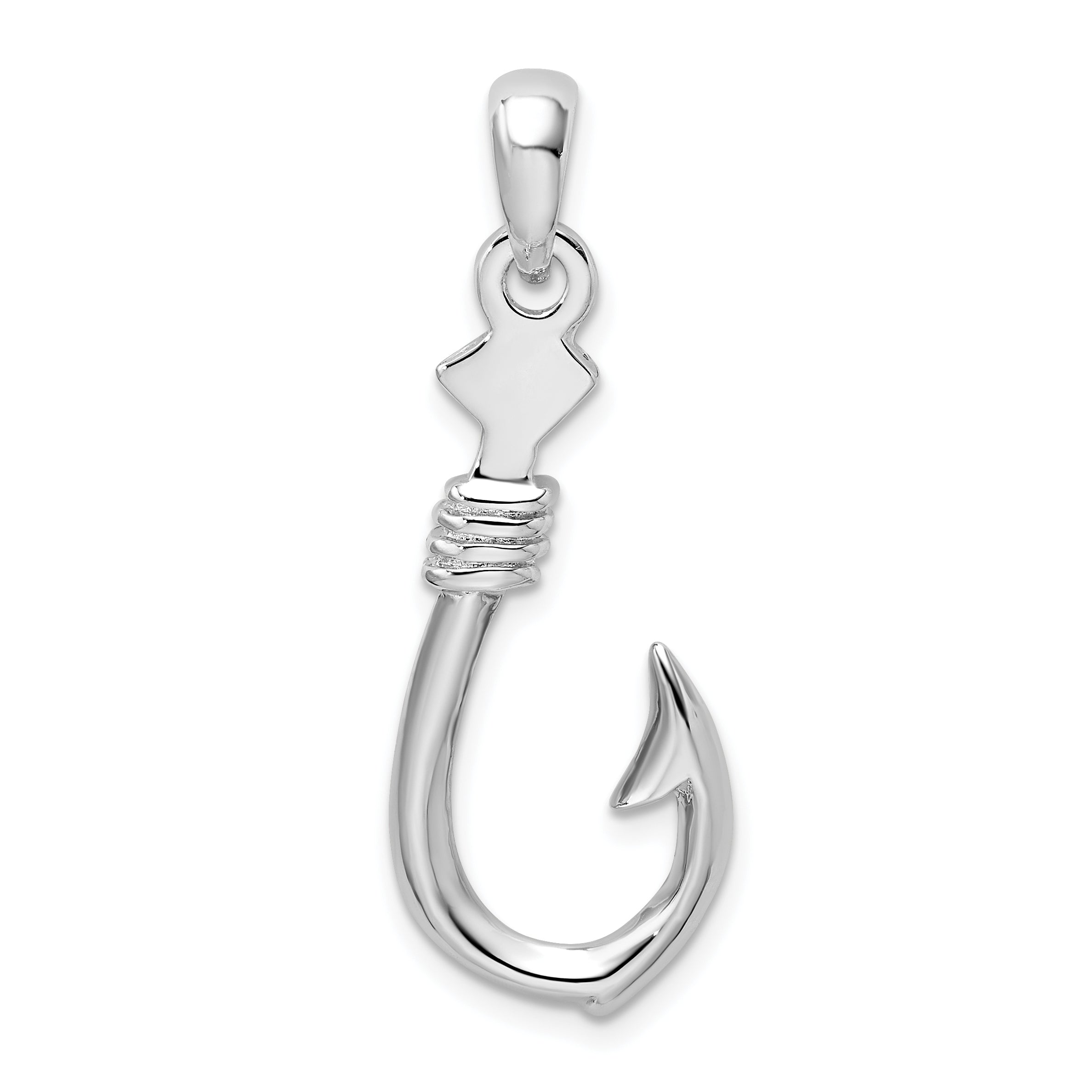 De-Ani Sterling Silver Rhodium-plated Polished 3D Large Fish Hook with Rope Pendant Main image