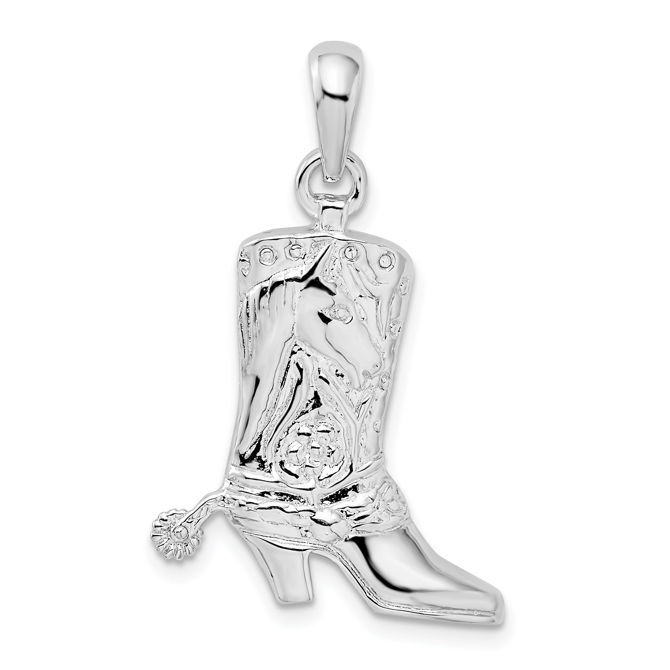 De-Ani Sterling Silver Rhodium-Plated Polished 3D Cowboy Boot with Spur Pendant Main image
