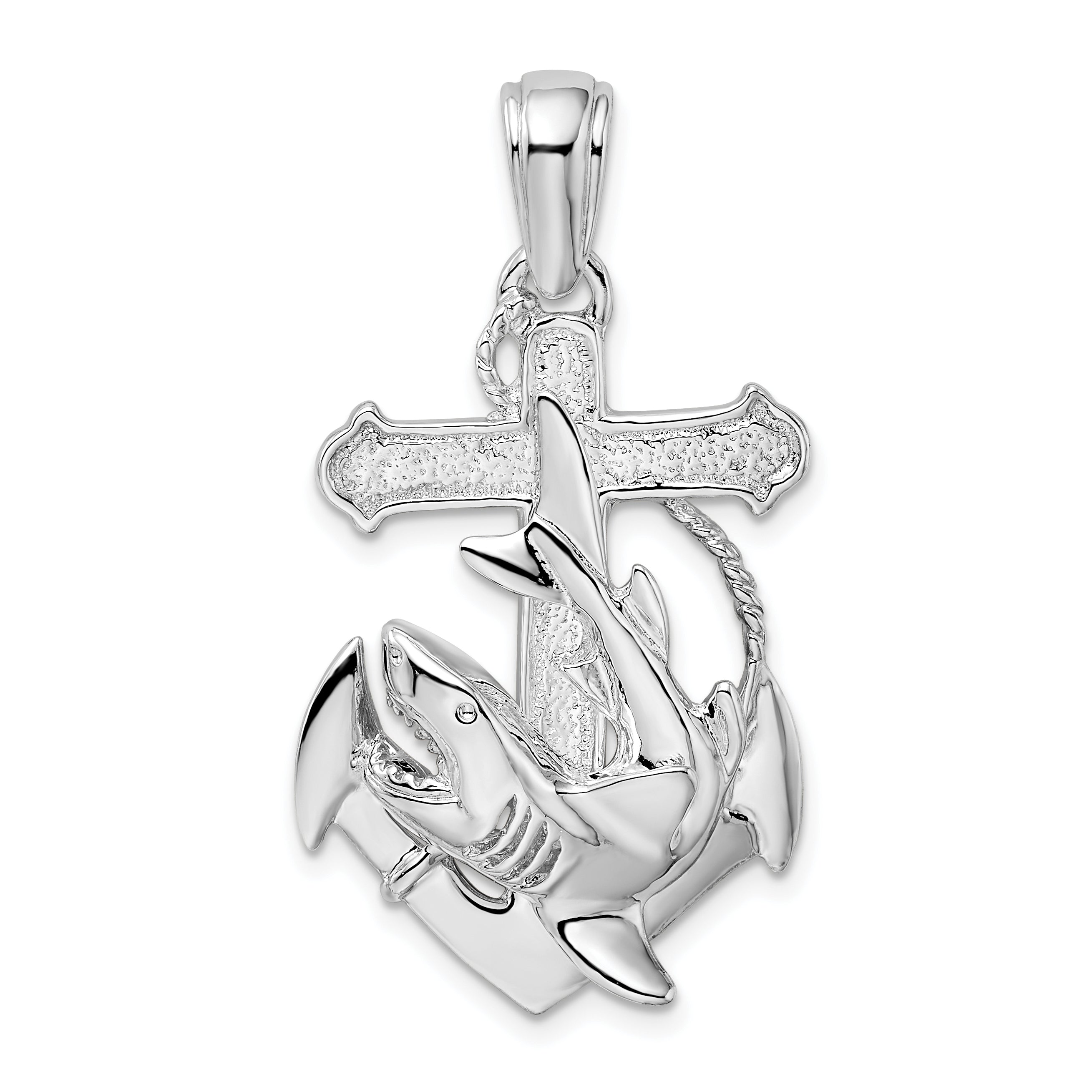 De-Ani Sterling Silver Rhodium-Plated Polished Anchor with Shark Pendant Main image
