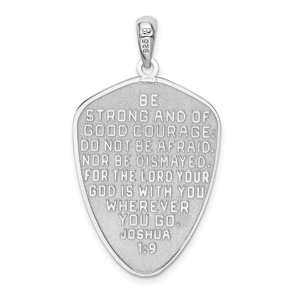 De-Ani Sterling Silver Rhodium-Plated Textured Cross Shield Joshua 1:9 Reverse Pendant