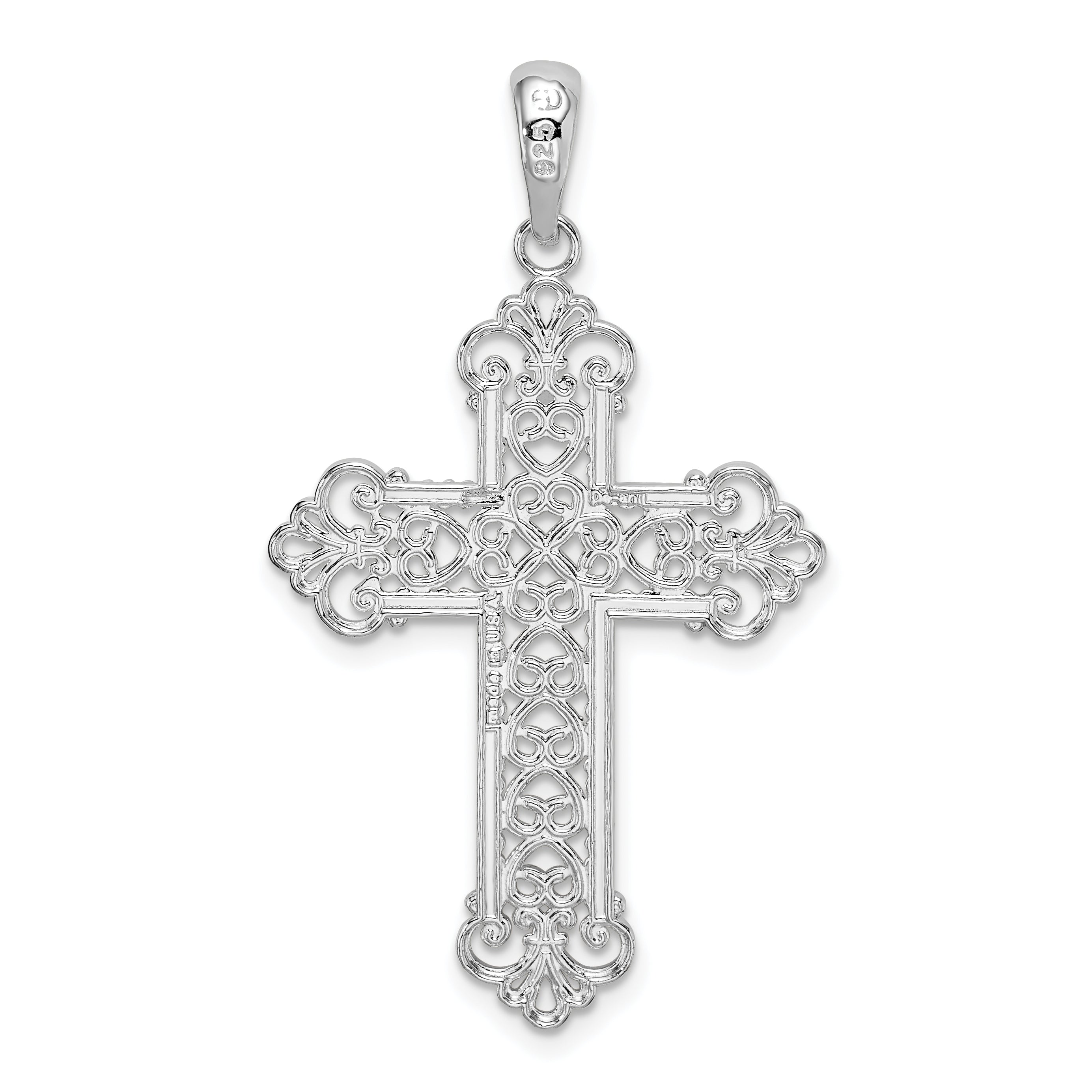 De-Ani Sterling Silver Rhodium-Plated Polished Filigree Fleur de Lis Cross Pendant