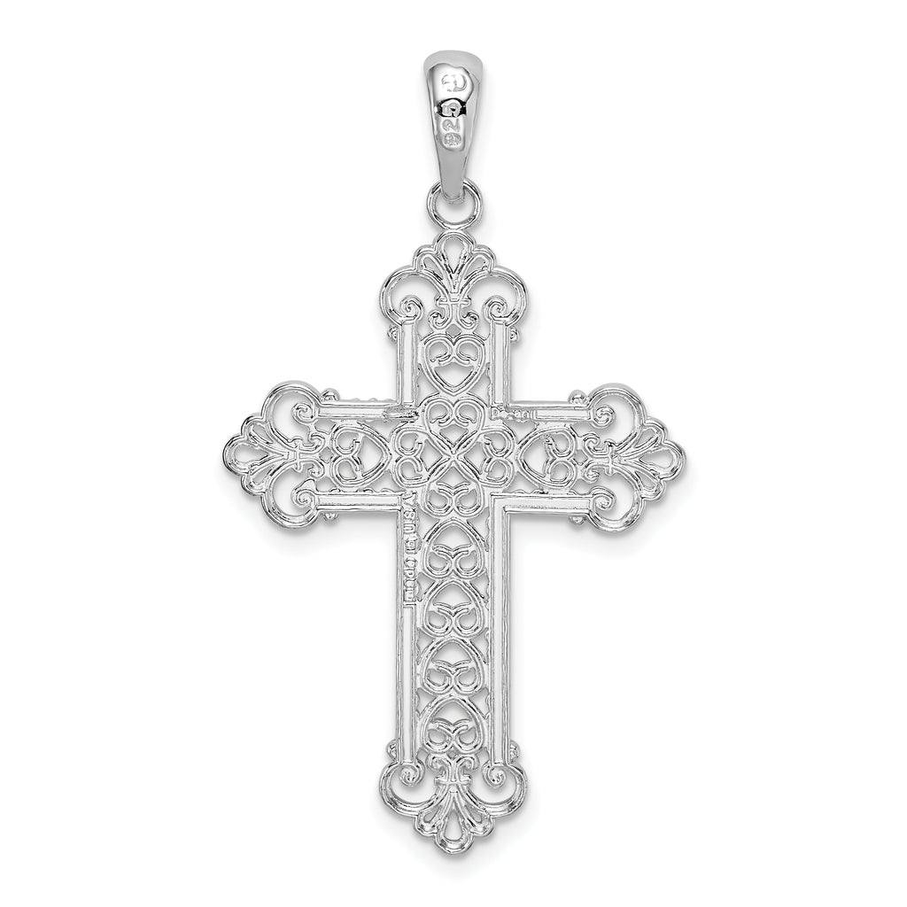 De-Ani Sterling Silver Rhodium-Plated Polished Filigree Fleur de Lis Cross Pendant
