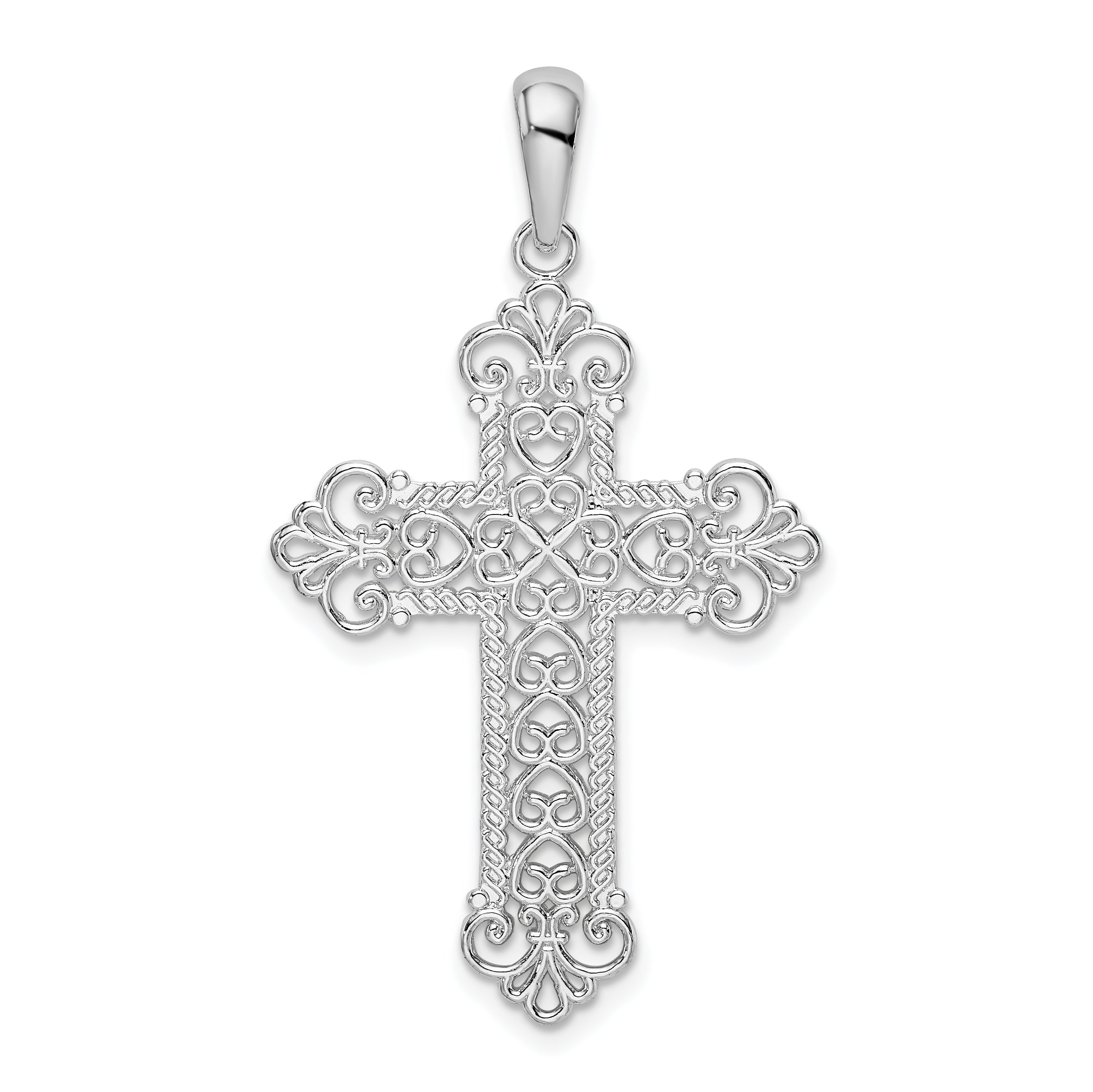 De-Ani Sterling Silver Rhodium-Plated Polished Filigree Fleur de Lis Cross Pendant Main image