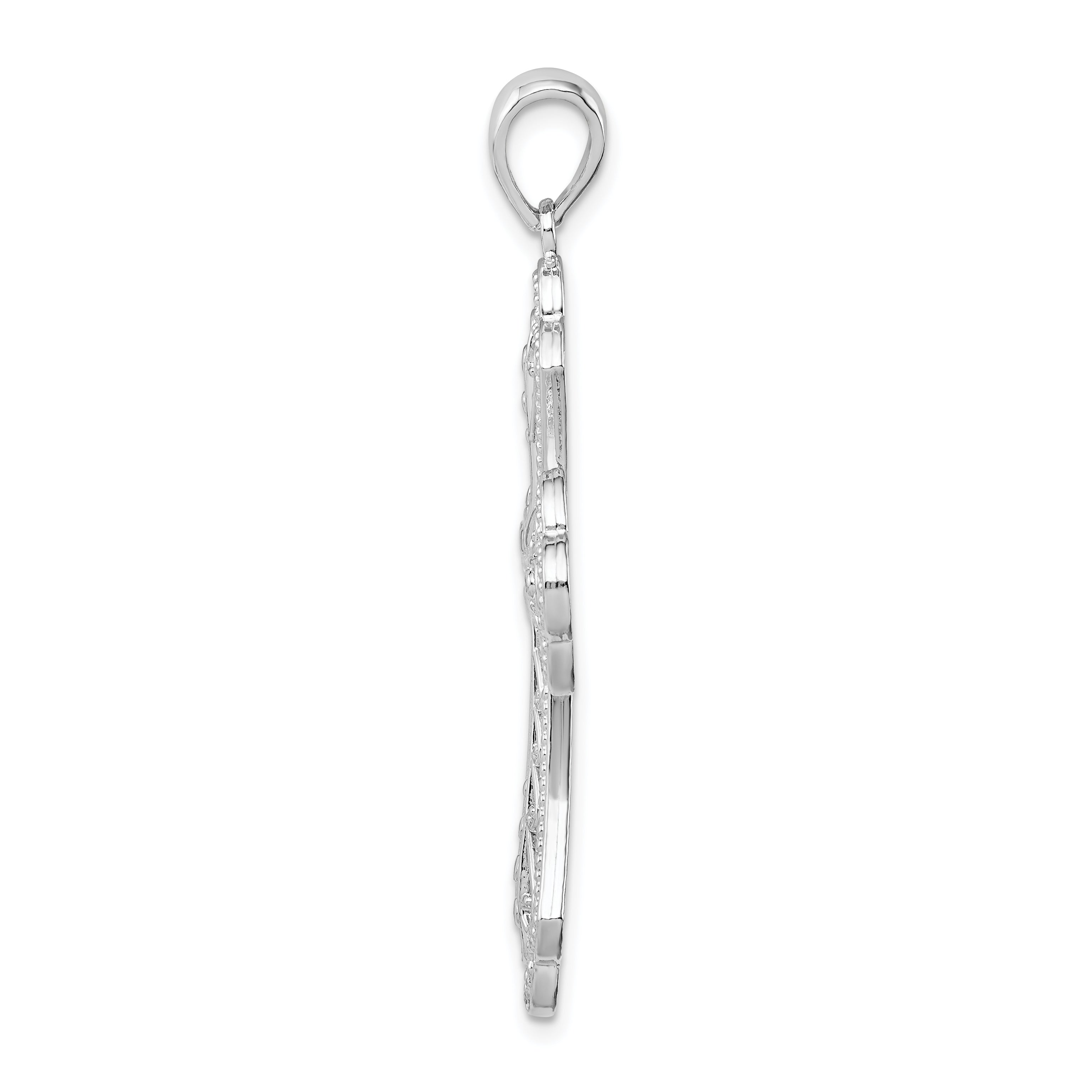 De-Ani Sterling Silver Rhodium-plated Polished Filigree Bead Edge Fleur de Lis Cross Pendant Secondary image