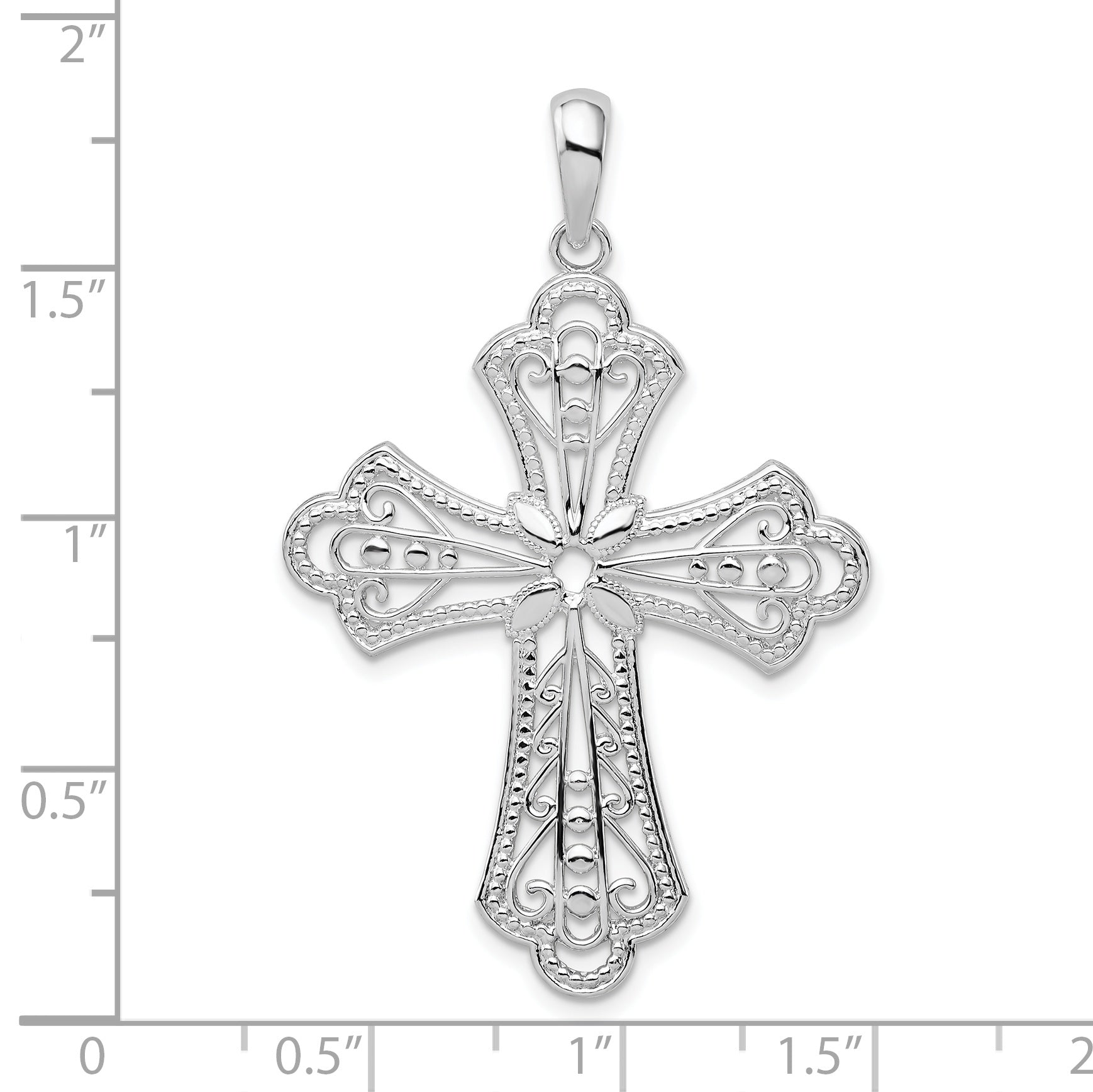 De-Ani Sterling Silver Rhodium-plated Polished Filigree Bead Edge Fleur de Lis Cross Pendant