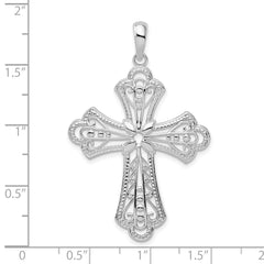 De-Ani Sterling Silver Rhodium-plated Polished Filigree Bead Edge Fleur de Lis Cross Pendant