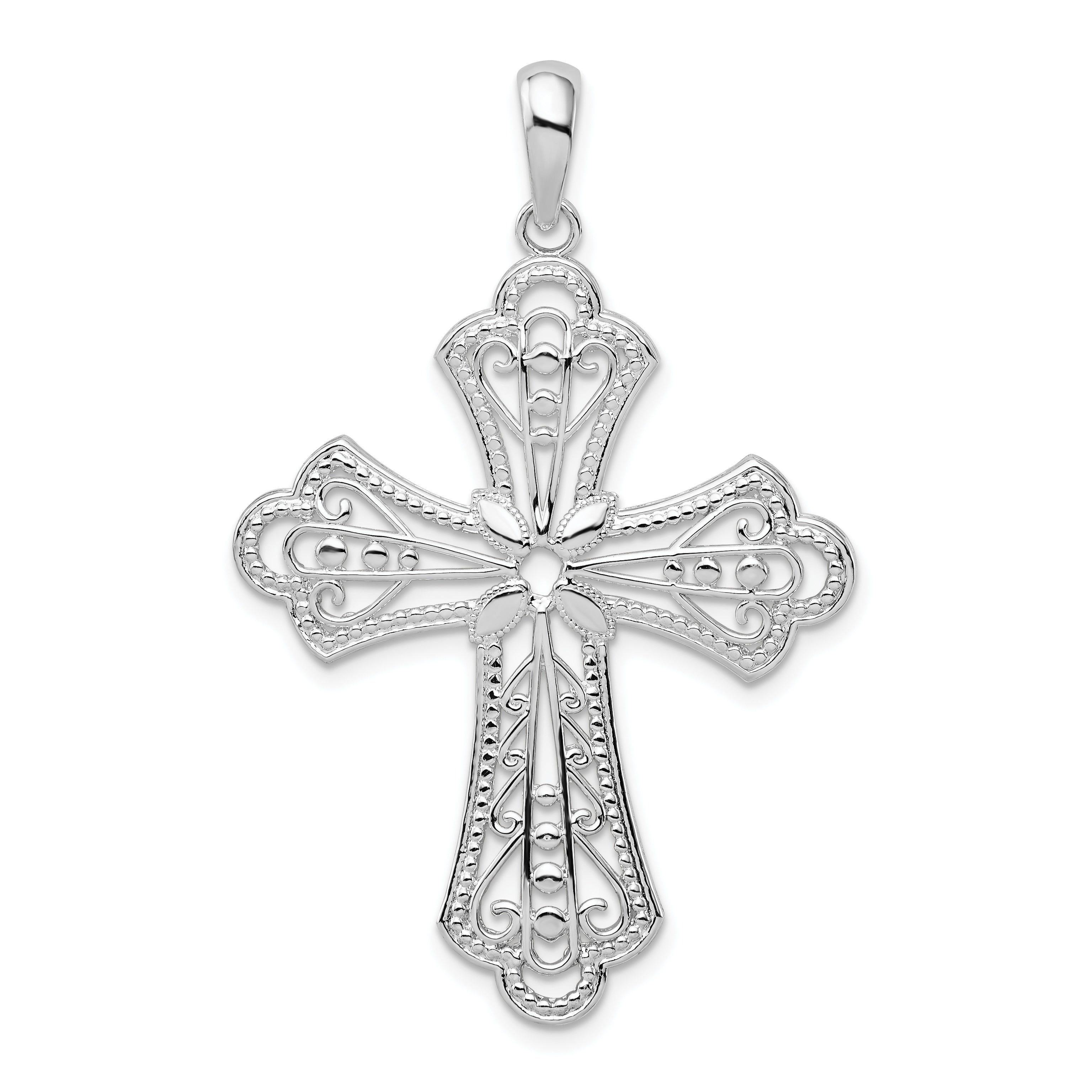 De-Ani Sterling Silver Rhodium-plated Polished Filigree Bead Edge Fleur de Lis Cross Pendant