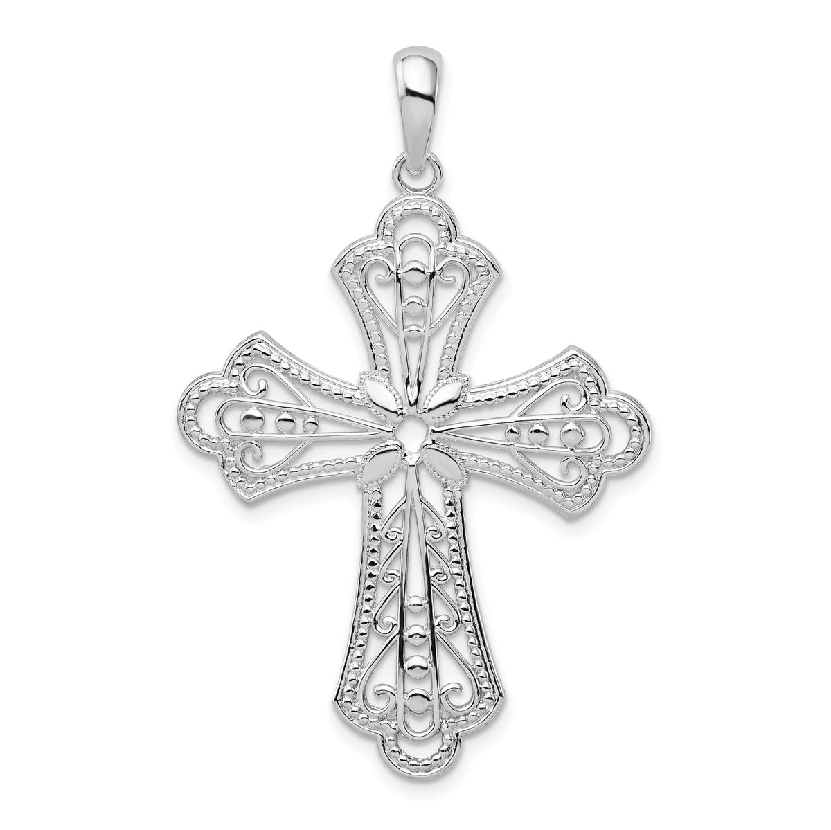 Filigree Fleur-de-Lis Cross Pendant in Sterling Silver, 37mm - Sophia Jewelers Main image
