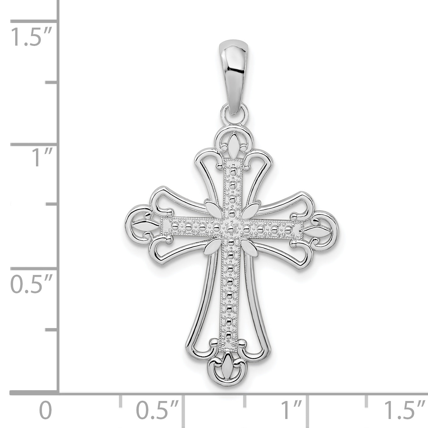 De-Ani Sterling Silver Rhodium-plated Polished Beaded Fleur de Lis Cross Pendant