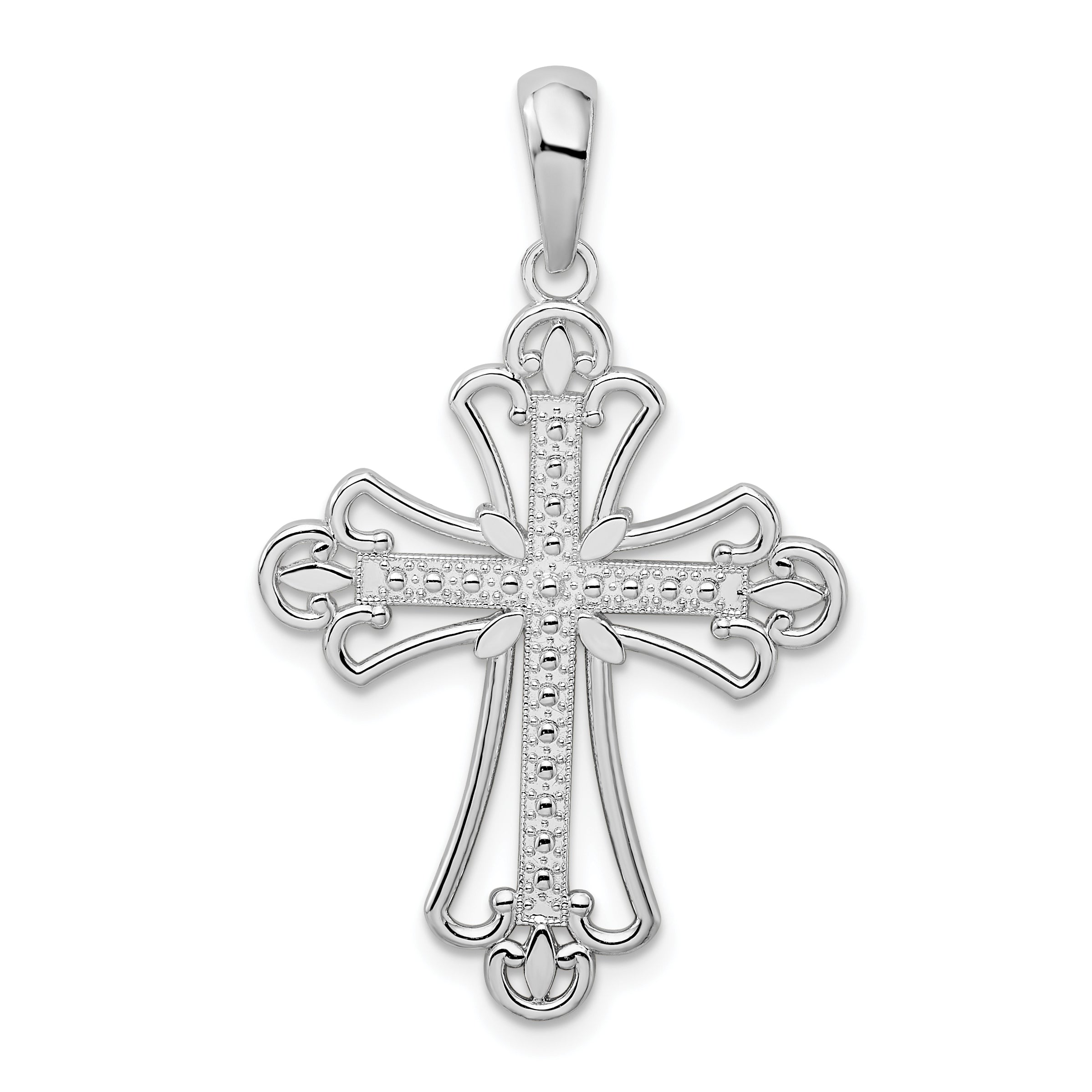 De-Ani Sterling Silver Rhodium-plated Polished Beaded Fleur de Lis Cross Pendant