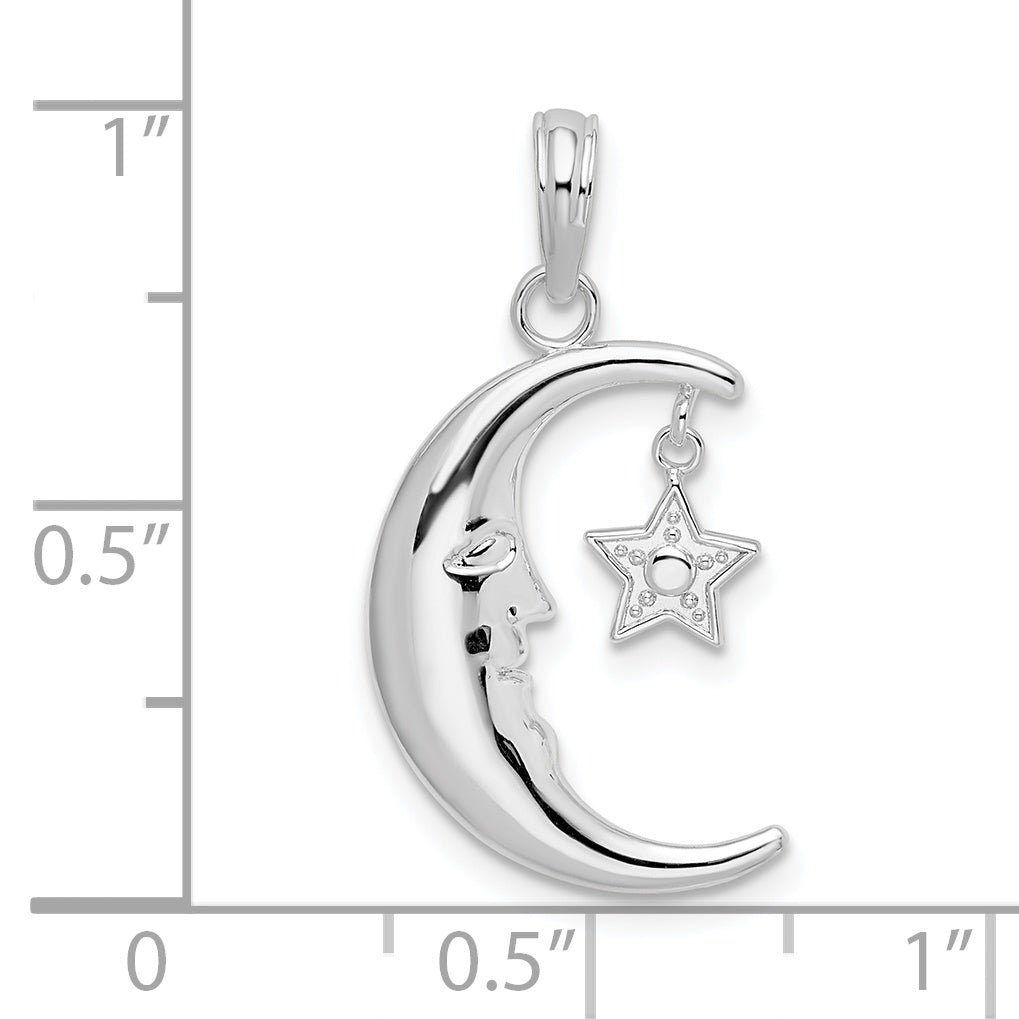 De-Ani Sterling Silver Rhodium-plated Moveable Polished Crescent Moon with Star Pendant