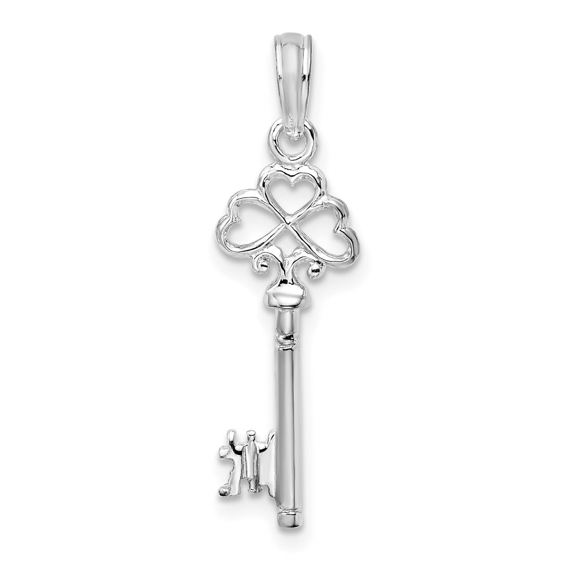 De-Ani Sterling Silver Rhodium-Plated Polished 3D Key with Hearts Top Pendant Main image