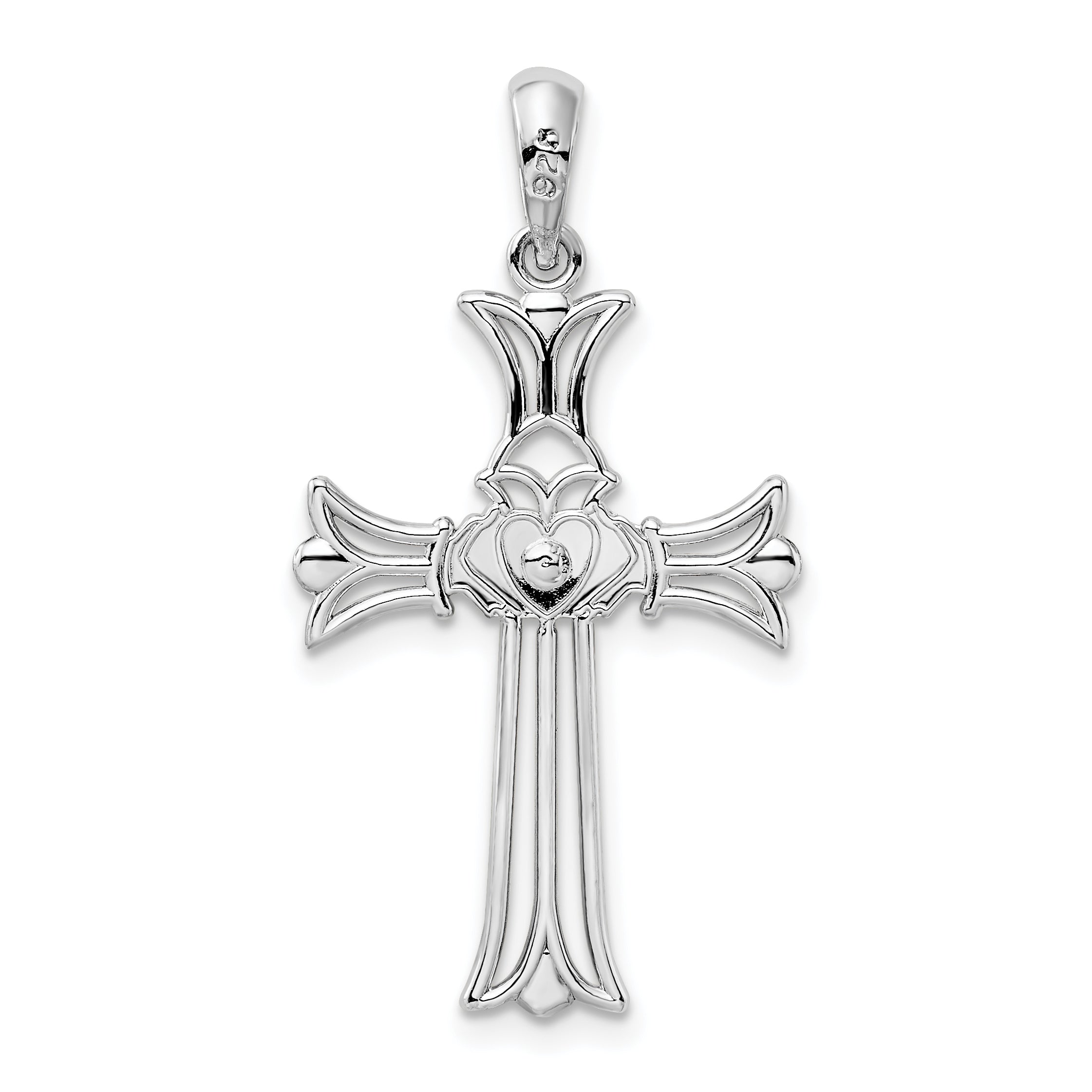De-Ani Sterling Silver Rhodium-Plated Polished Cut-Out Claddagh Cross Pendant
