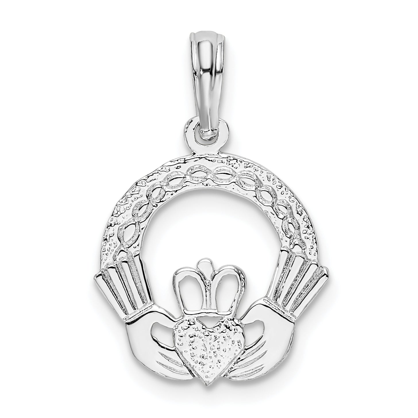 De-Ani Sterling Silver Rhodium-Plated Polished and Textured Claddagh Circle Pendant