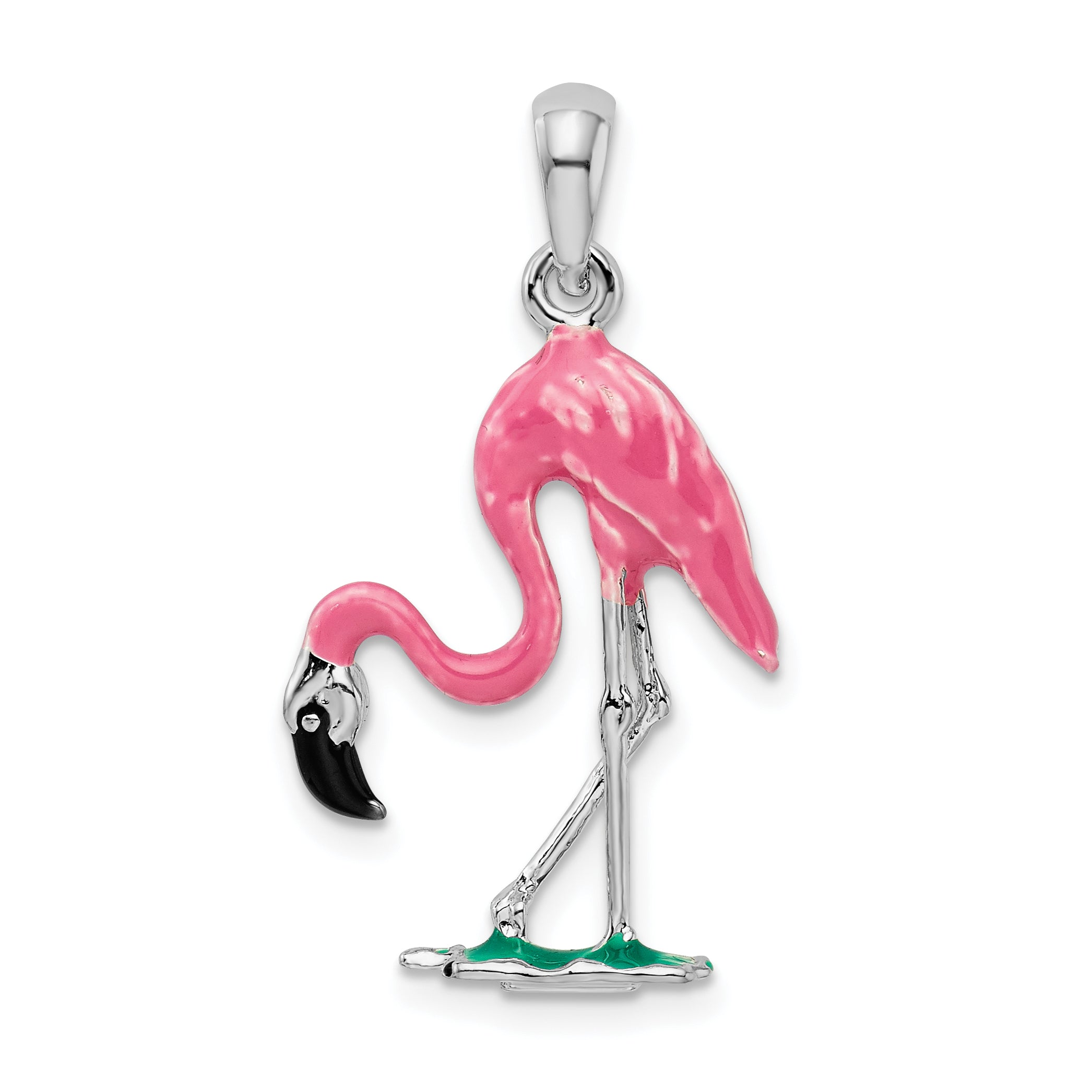 De-Ani Sterling Silver Rhodium-Plated Polished 3D Pink Flamingo Pendant Main image