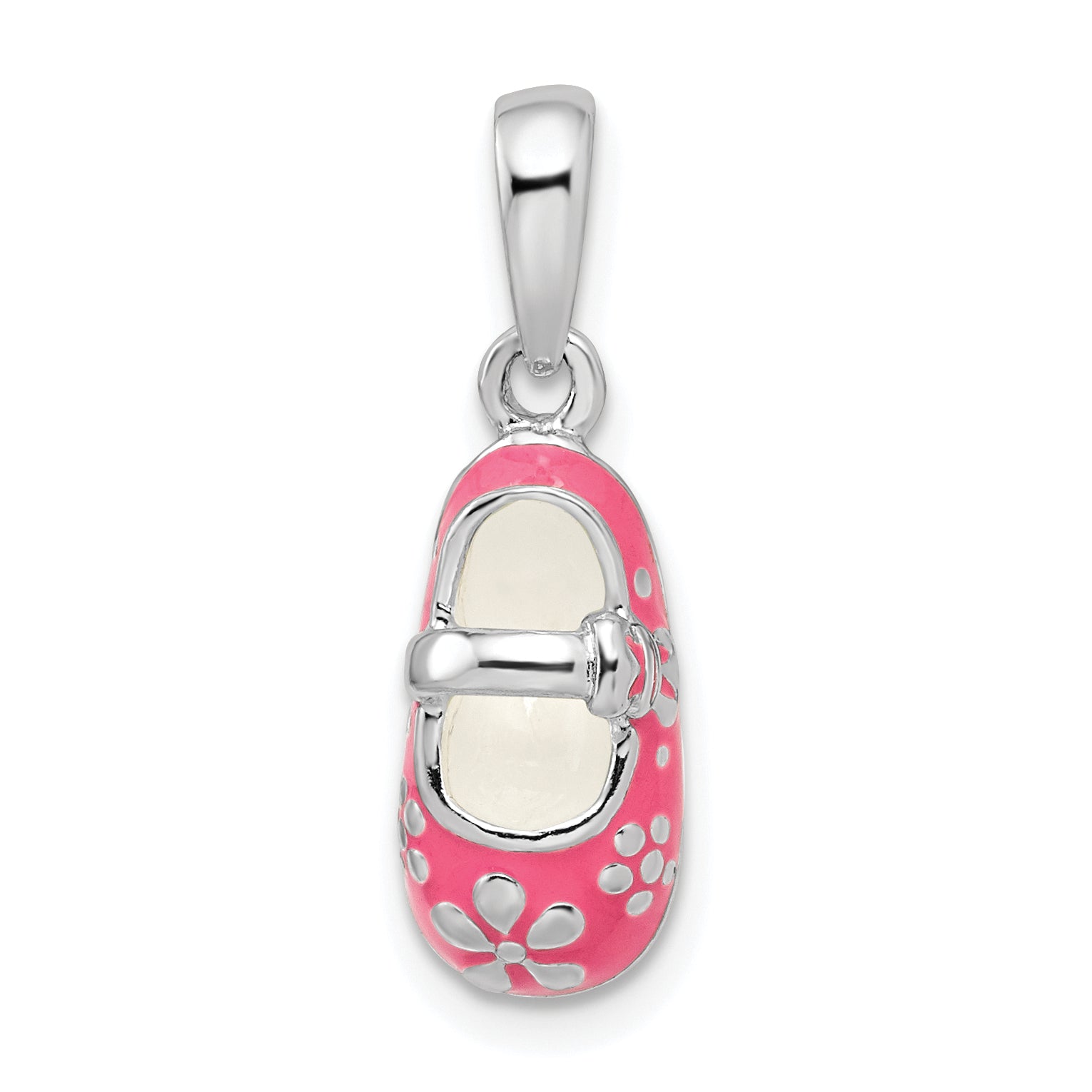 De-Ani Sterling Silver Rhodium-Plated 3D Pink Enameled Baby Shoe Pendant Main image