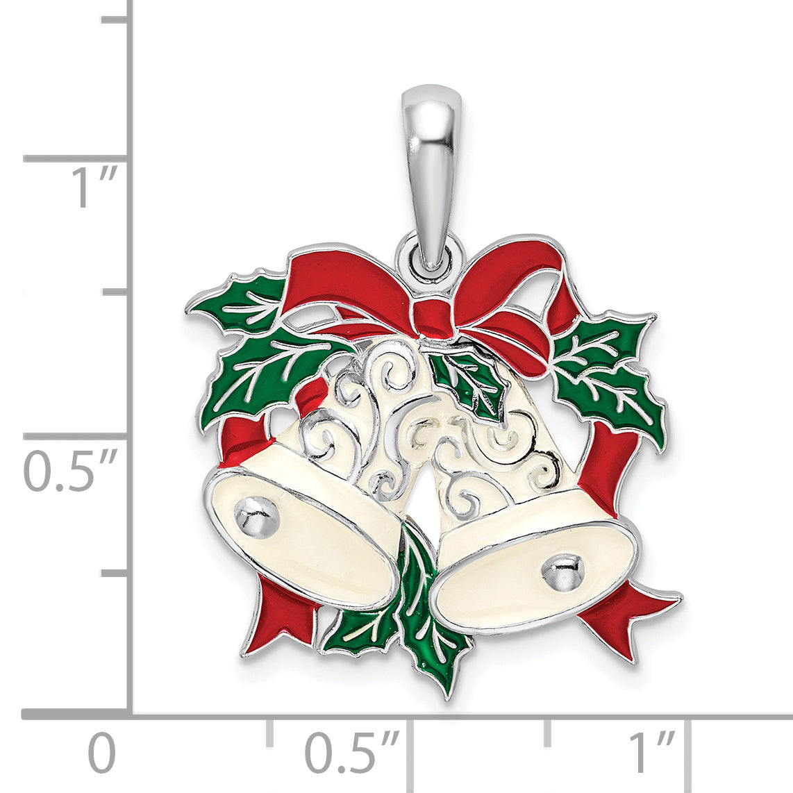 De-Ani Sterling Silver Rhodium-Plated Polished Enameled Bells and Holly Pendant