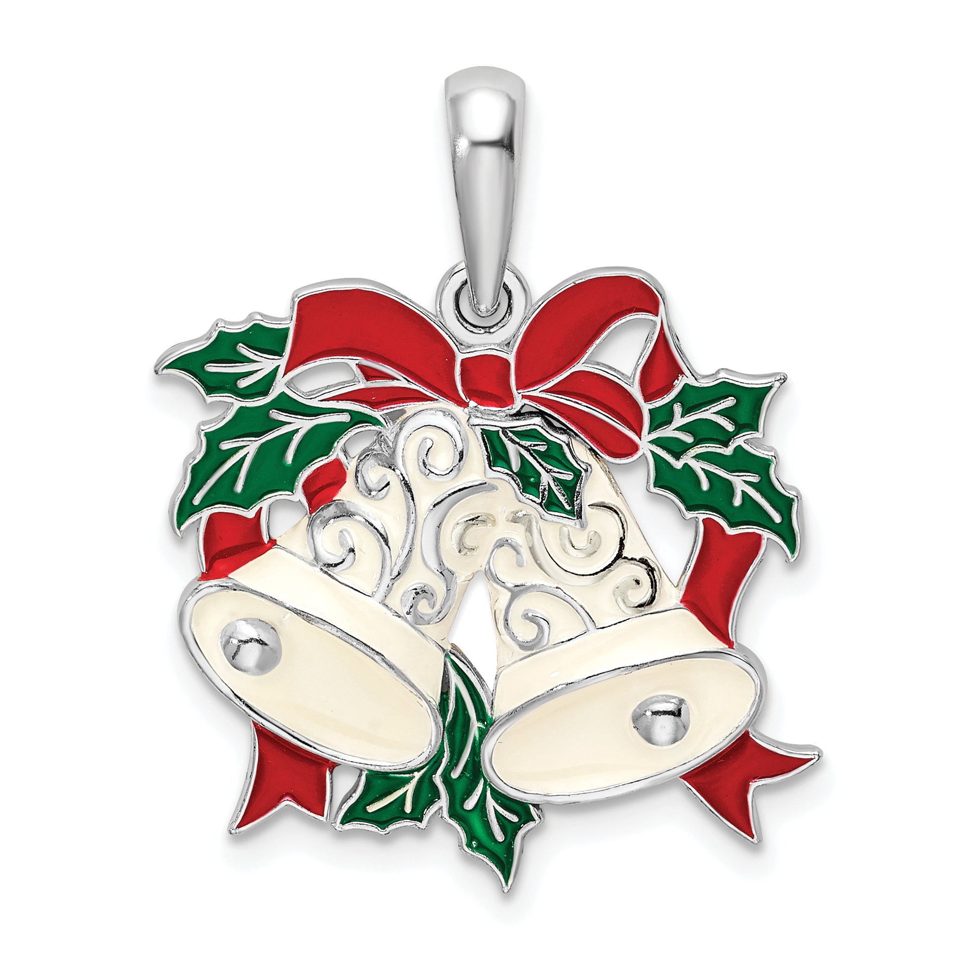De-Ani Sterling Silver Rhodium-Plated Polished Enameled Bells and Holly Pendant Main image