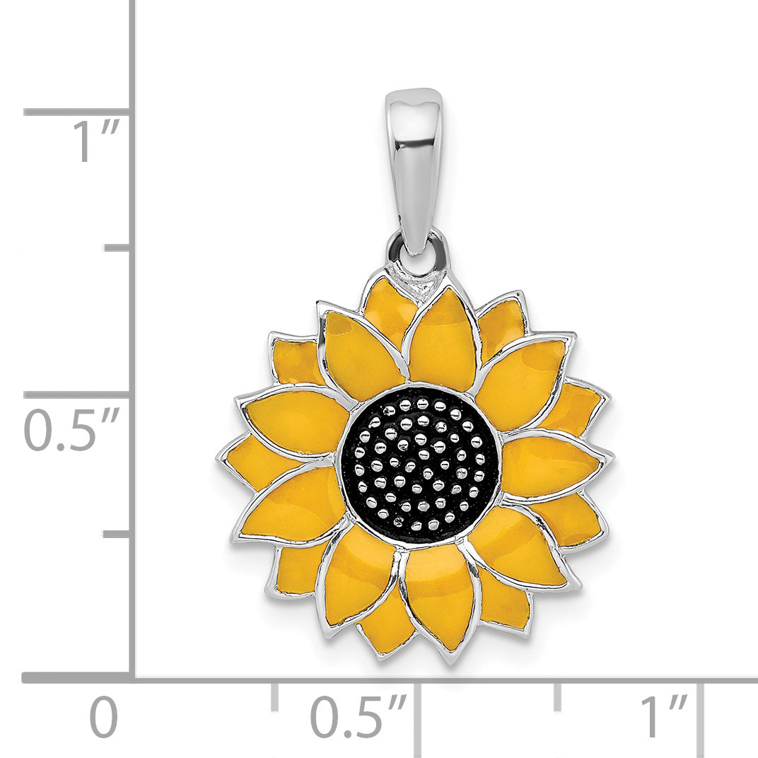 De-Ani Sterling Silver Rhodium-Plated Polished Enameled Sunflower Pendant