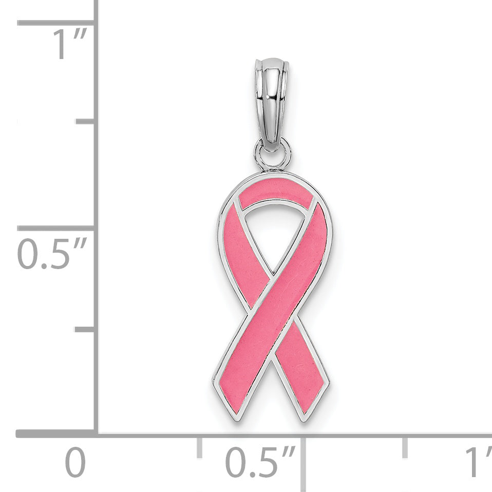 De-Ani Sterling Silver Rhodium-Plated Polished Enameled Pink Ribbon Pendant