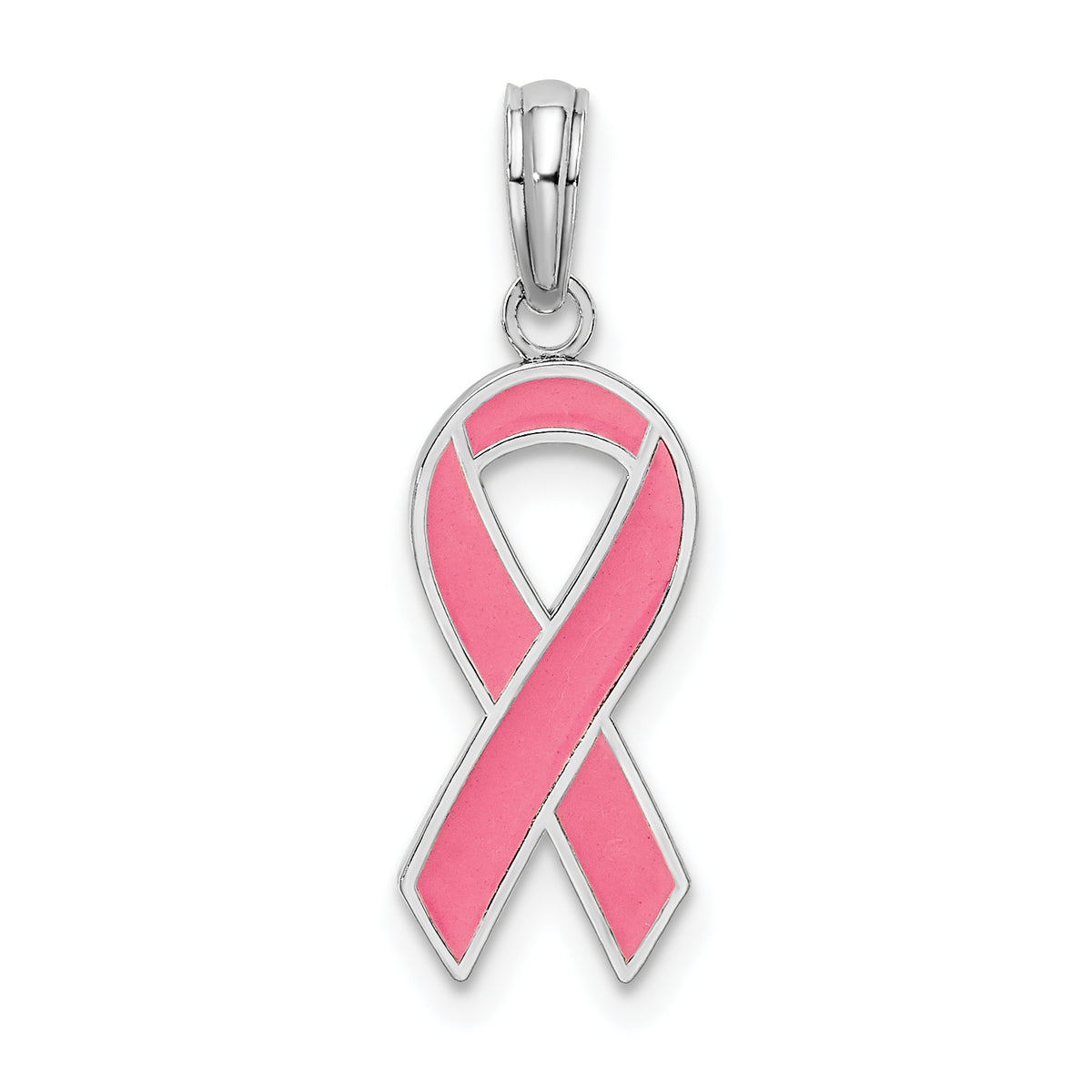 De-Ani Sterling Silver Rhodium-Plated Polished Enameled Pink Ribbon Pendant
