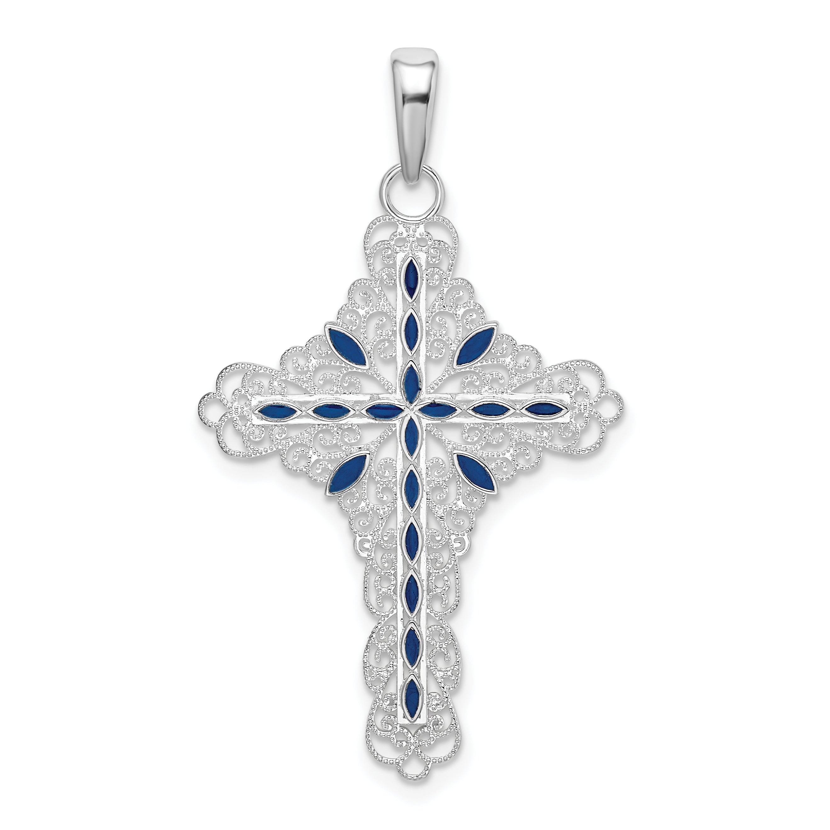 De-Ani Sterling Silver Rhodium-Plated Polished Enameled Filigree Cross Pendant Main image