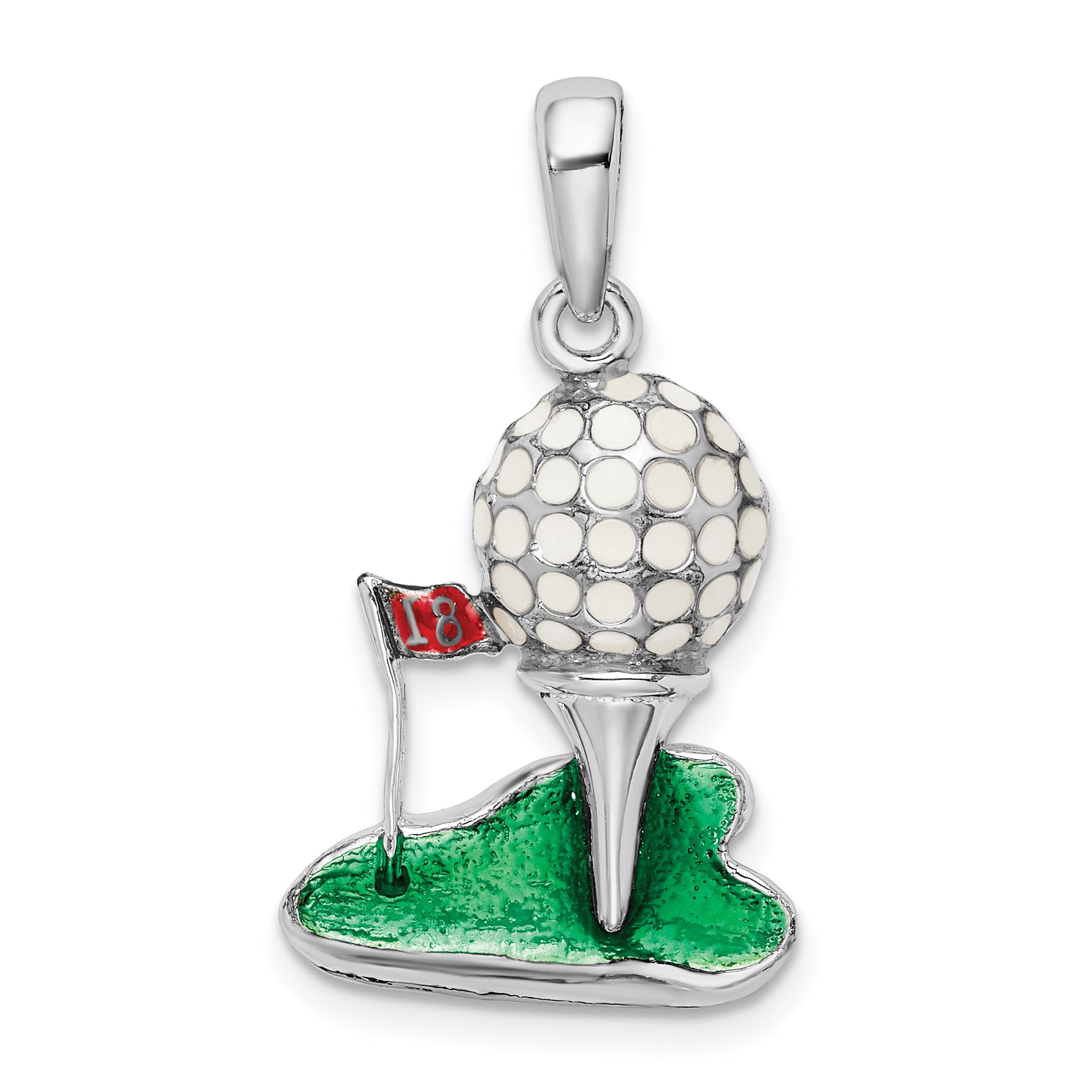 De-Ani Sterling Silver Rhodium-Plated Polished Enameled Golf Ball with Tee Pendant Main image