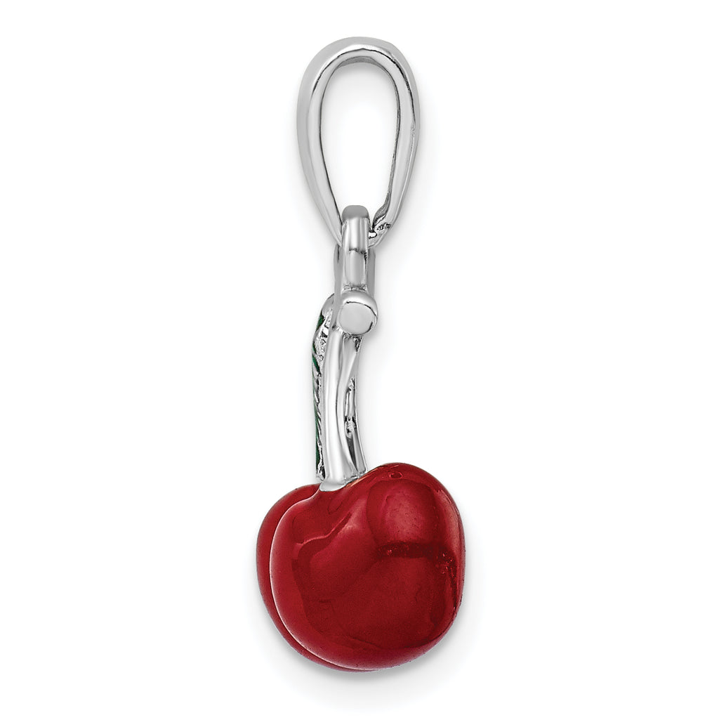 De-Ani Sterling Silver Rhodium-Plated Polished 3D Enameled Cherries Pendant