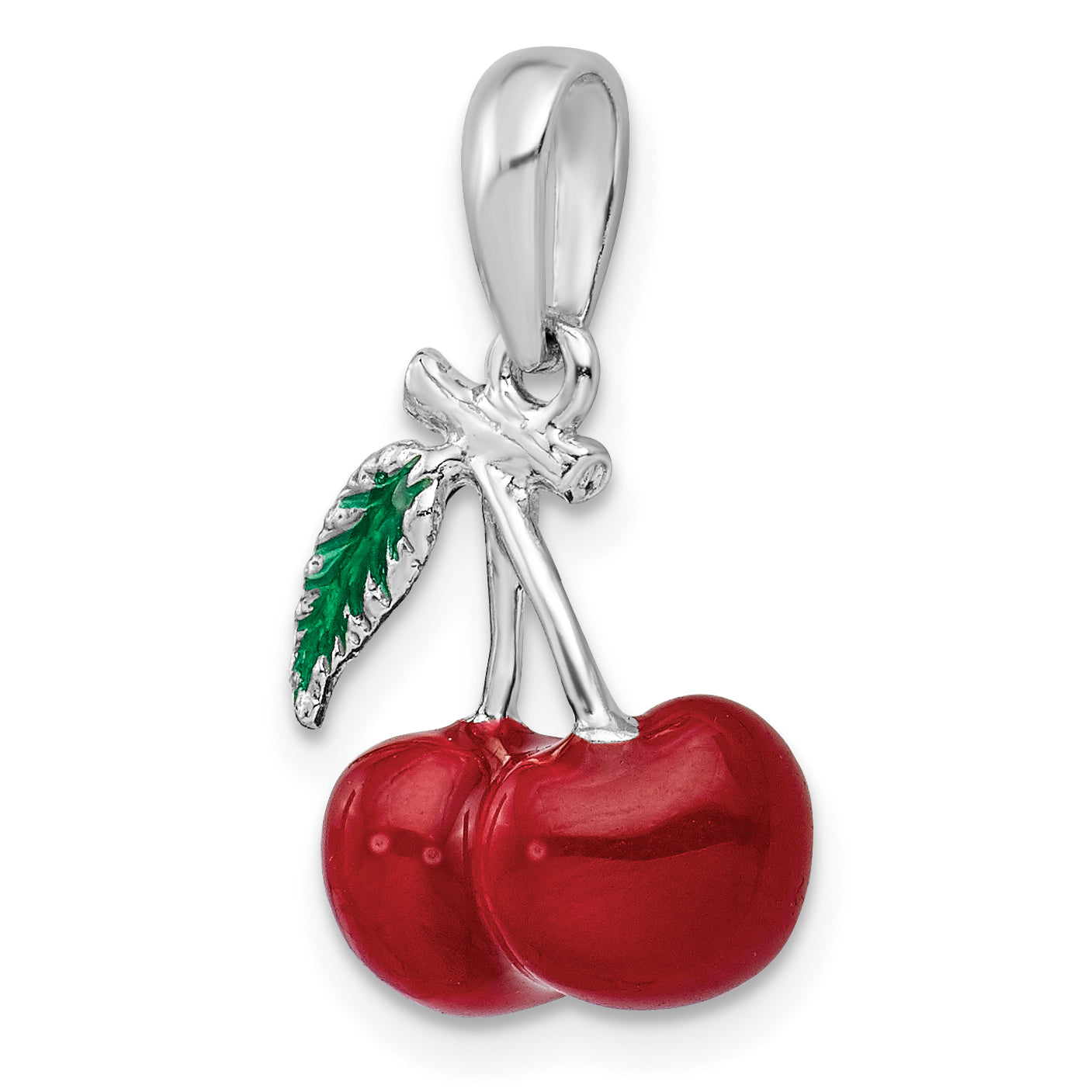 De-Ani Sterling Silver Rhodium-Plated Polished 3D Enameled Cherries Pendant