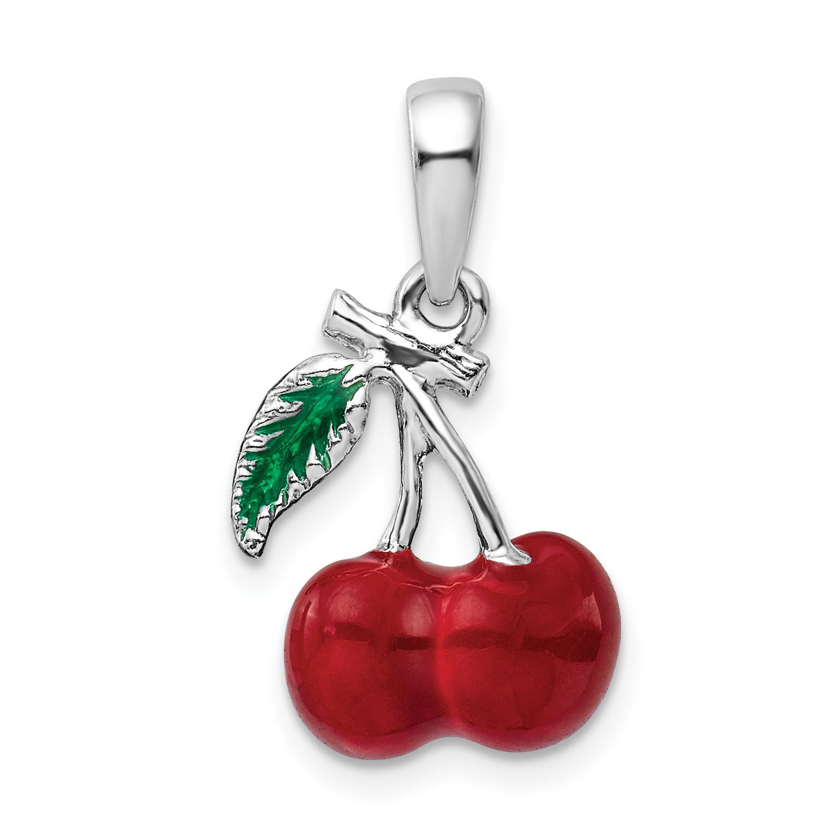 De-Ani Sterling Silver Rhodium-Plated Polished 3D Enameled Cherries Pendant Main image