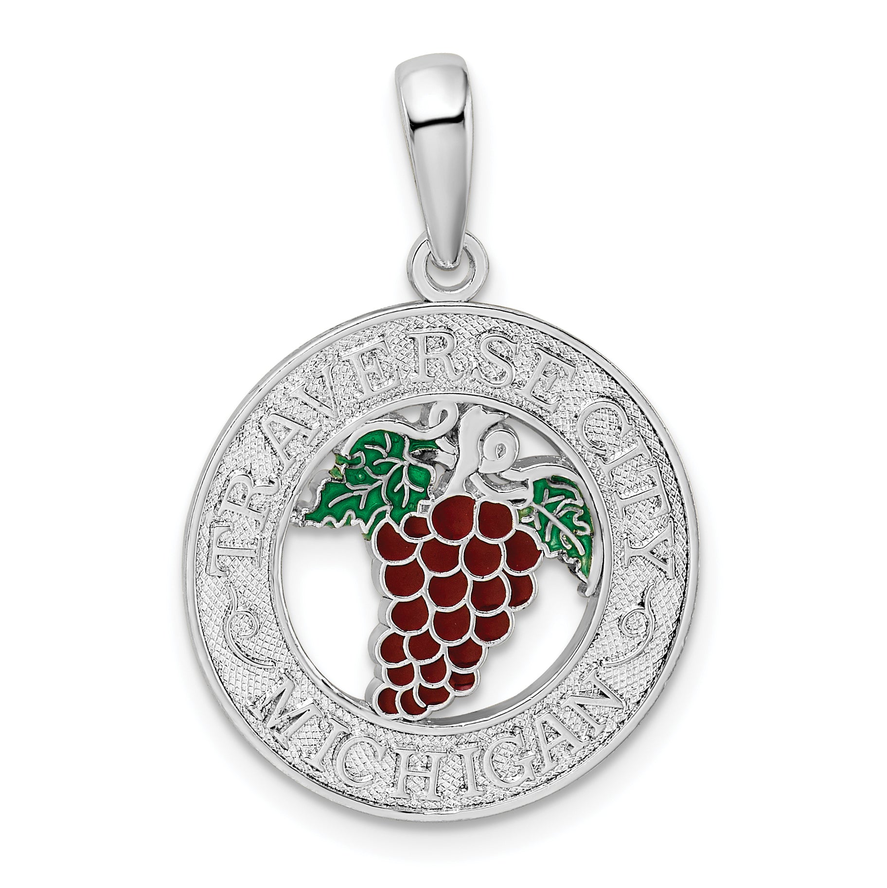 De-Ani Sterling Silver Rhodium-Plated Enameled Traverse City Michigan with Grapes Pendant Main image