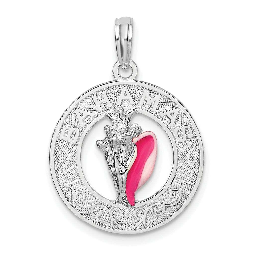 De-Ani Sterling Silver Rhodium-Plated Enameled Bahamas Circle with Shell Pendant