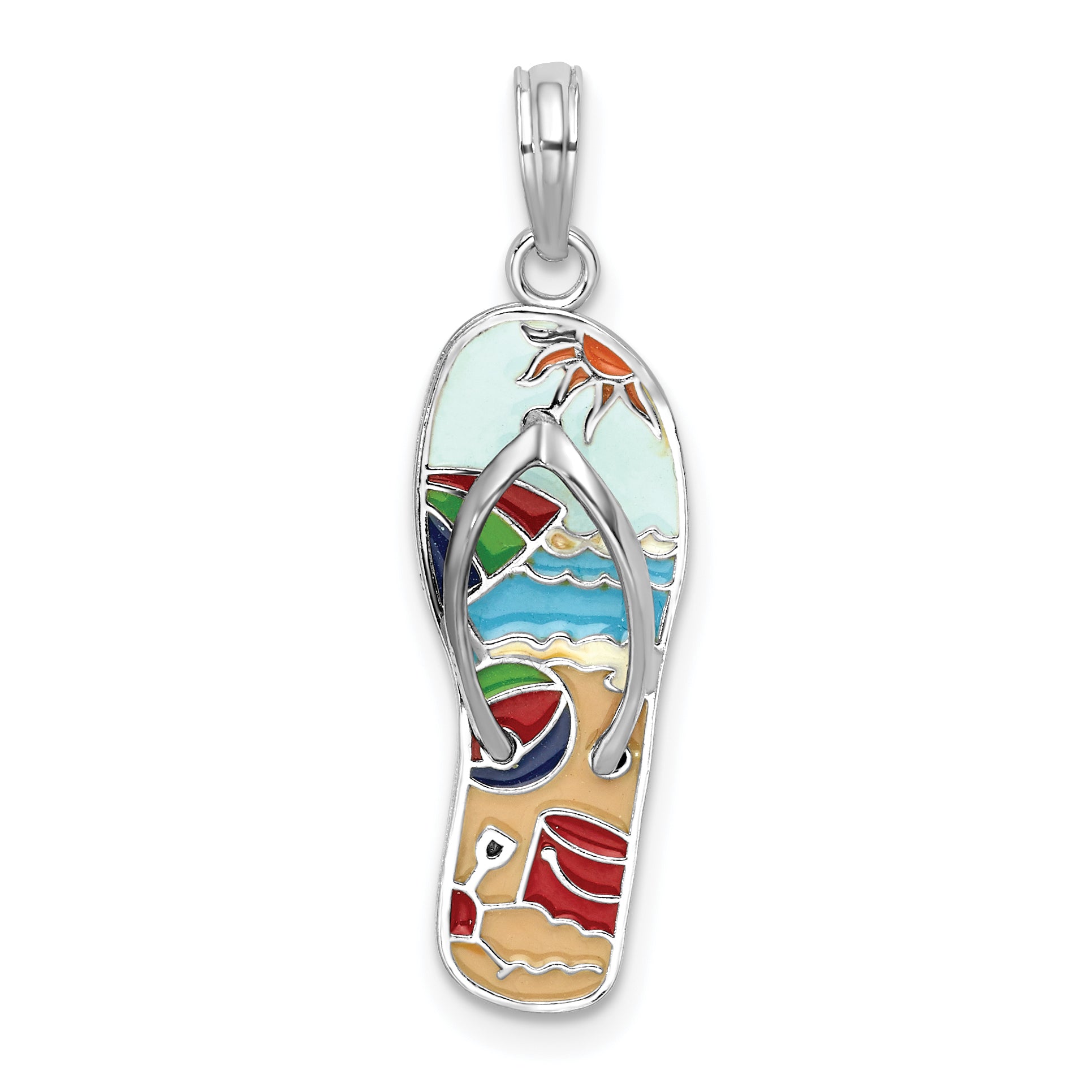 De-Ani Sterling Silver Rhodium-Plated 3D Enameled Beach Scene Flip-flop Pendant Main image