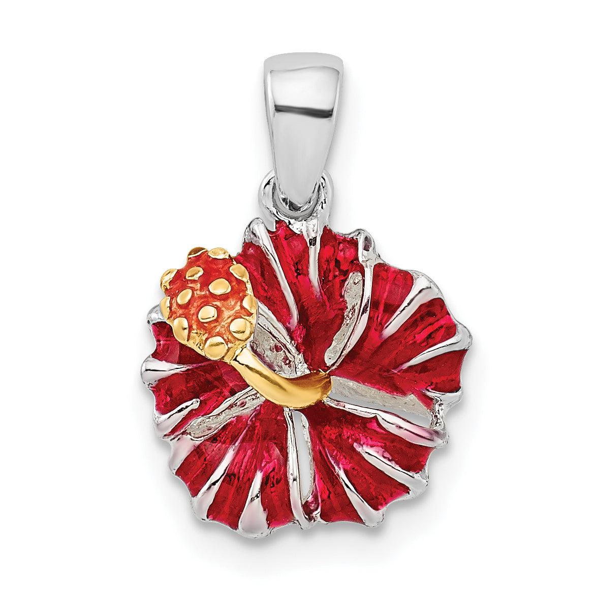 De-Ani Sterling Silver Rhodium-Plated Polished Enameled Red Hibiscus Pendant Main image